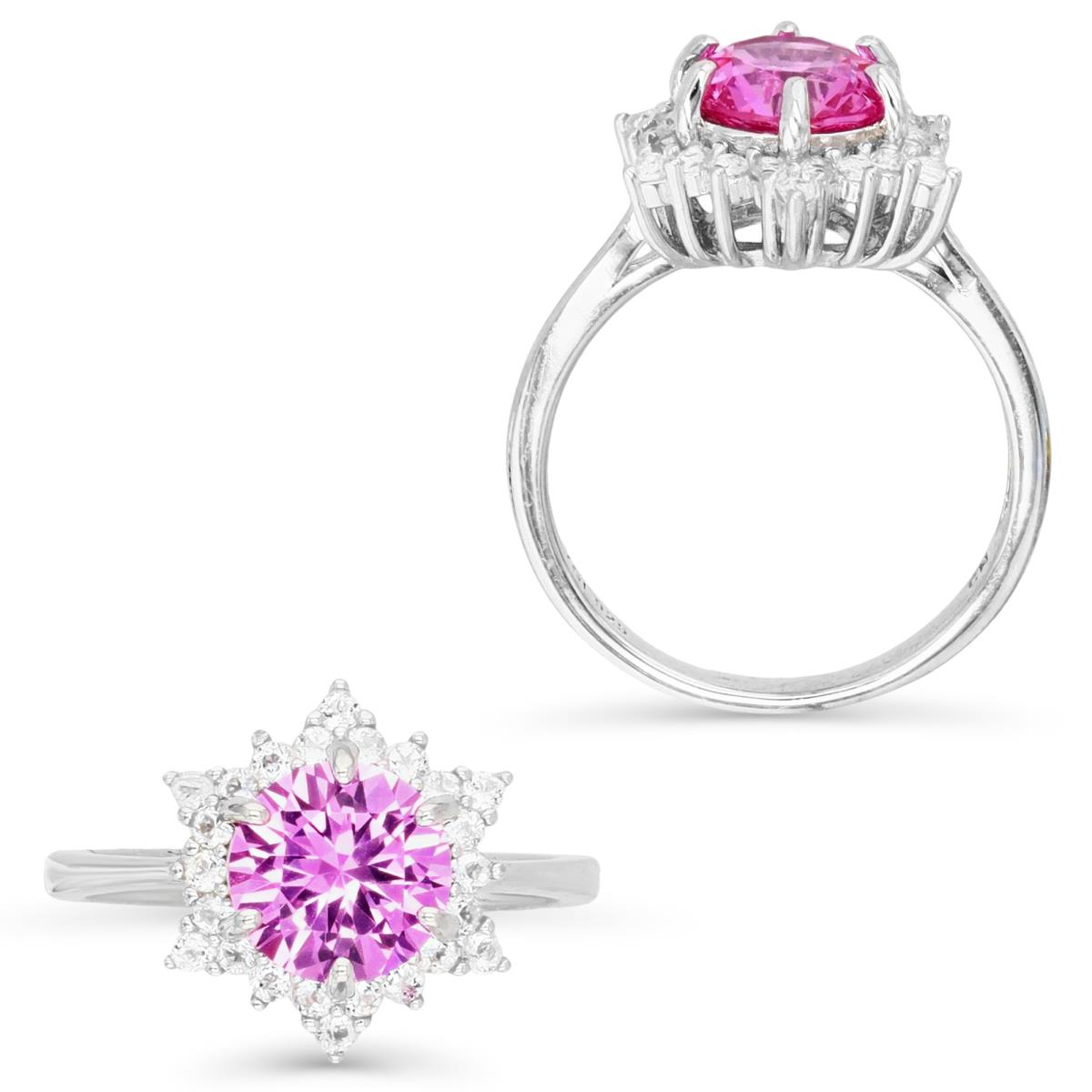 Sterling Silver Rhodium 8MM Round CR Pink Sapphire & Cr White Sapphire Halo Solitaire Engagement Ring