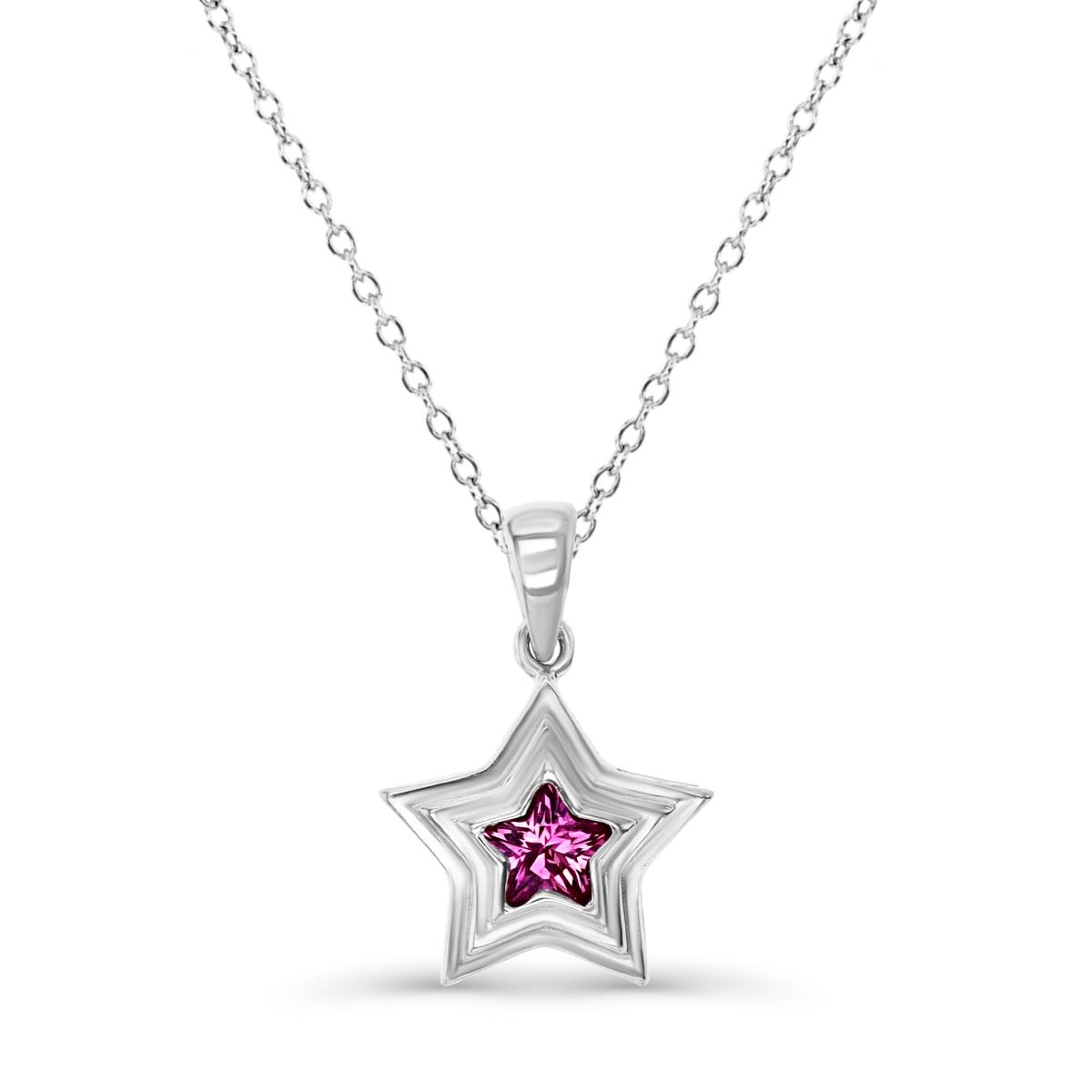 Sterling Silver Rhodium 18X13MM Polished Cr Ruby  #3 Dangling Star 18'' Rollo Necklace