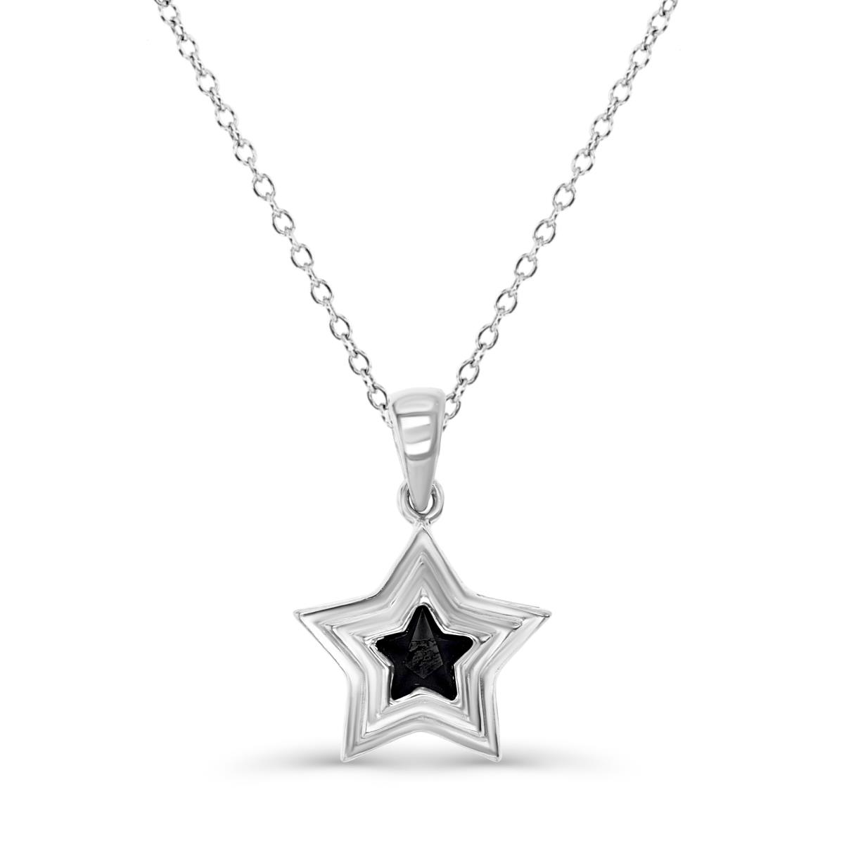 Sterling Silver Rhodium 18X13MM Polished Black Spinel Dangling Star 18'' Rollo Necklace