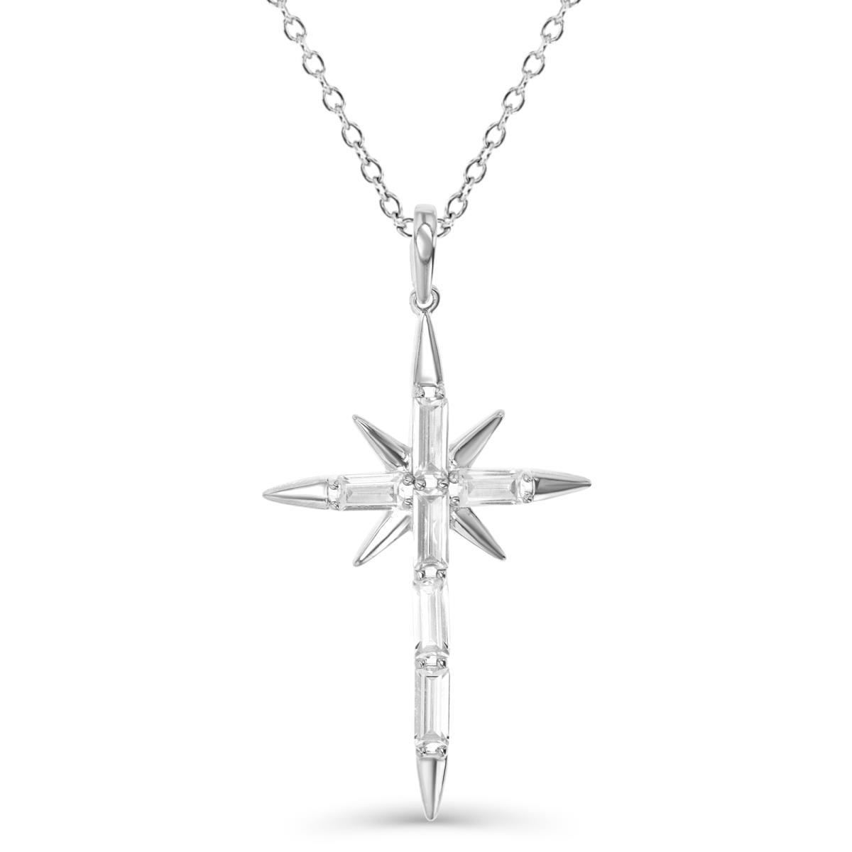 Sterling Silver Rhodium 43X22MM Polished White CZ Stg Baguette Cross Necklace 18" Necklace