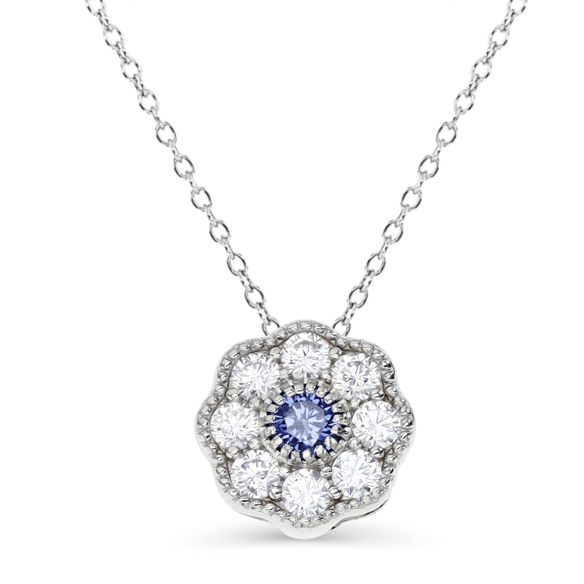 Sterling Silver Rhodium 11MM Milgraine Tanzanite & White CZ Flower 18'' Necklace