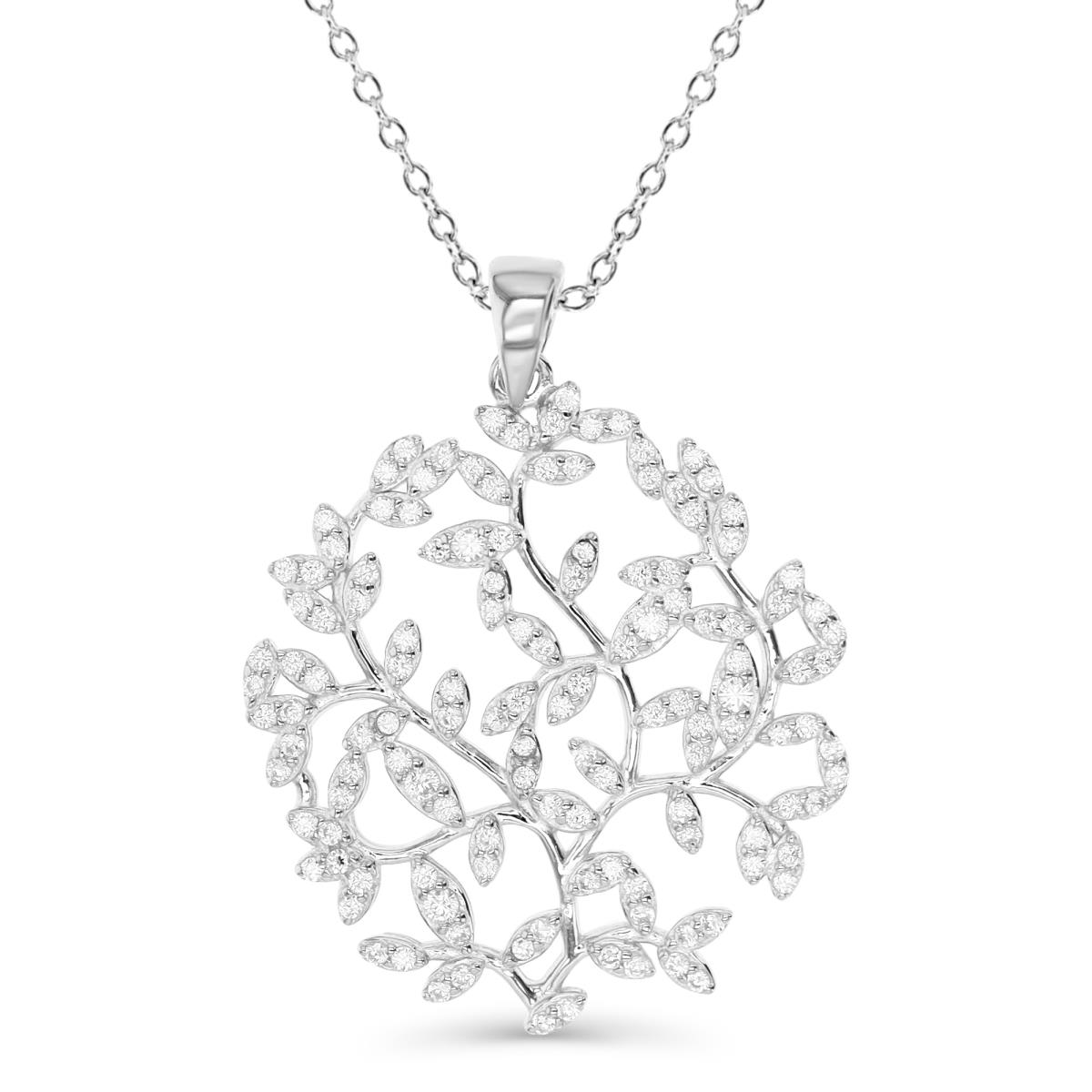 Sterling Silver Rhodium 32X25MM Polished White CZ Leaf & Tree 18'' Rollo Necklace