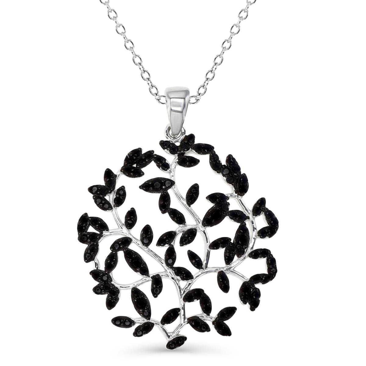Sterling Silver Rhodium 32X25MM Polished Black Spinel Leaf & Tree 18'' Rollo Necklace