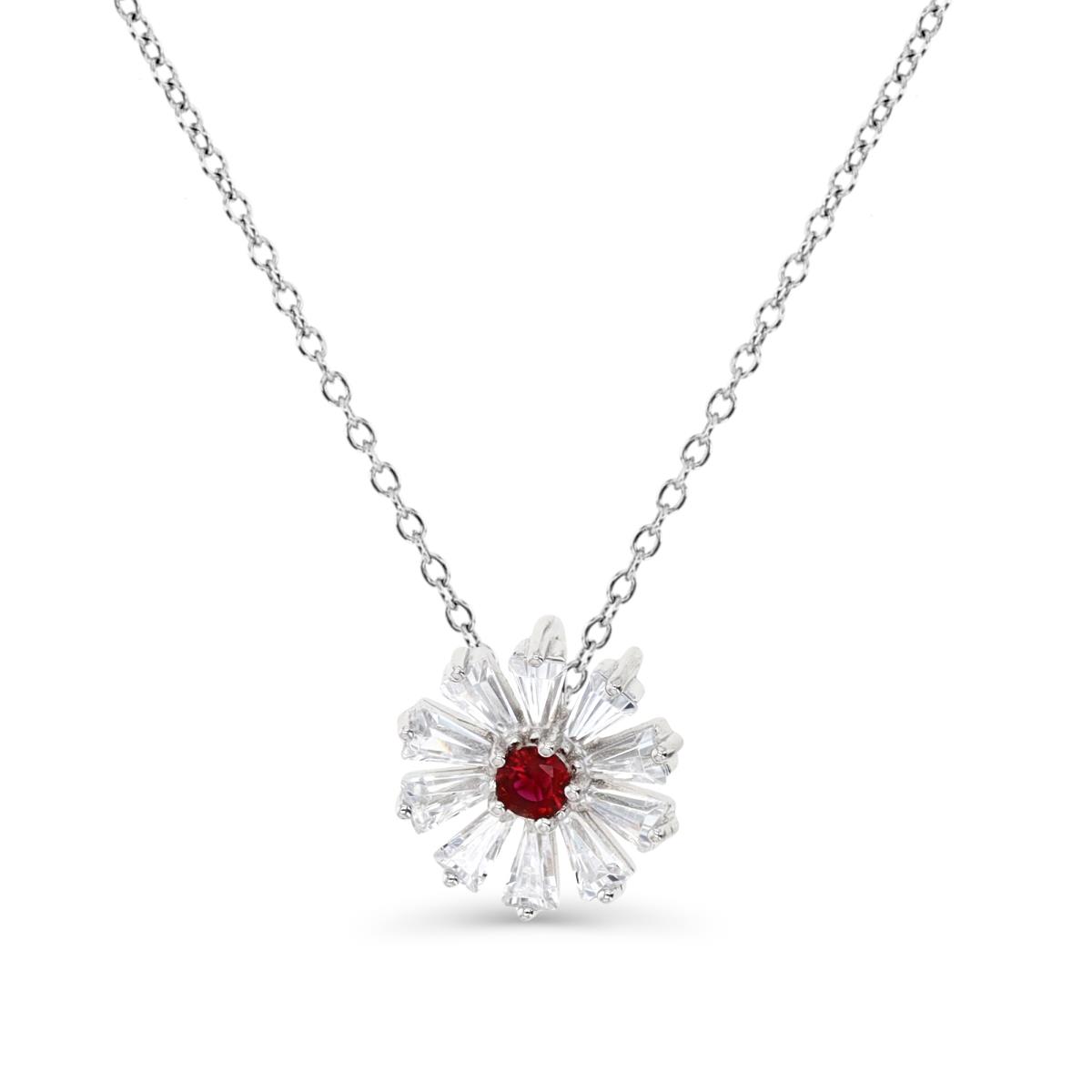 Sterling Silver Rhodium 12MM Polished Cr Ruby #8 & White CZ Tapered Baguette Unique Flower 18'' Rollo Necklace