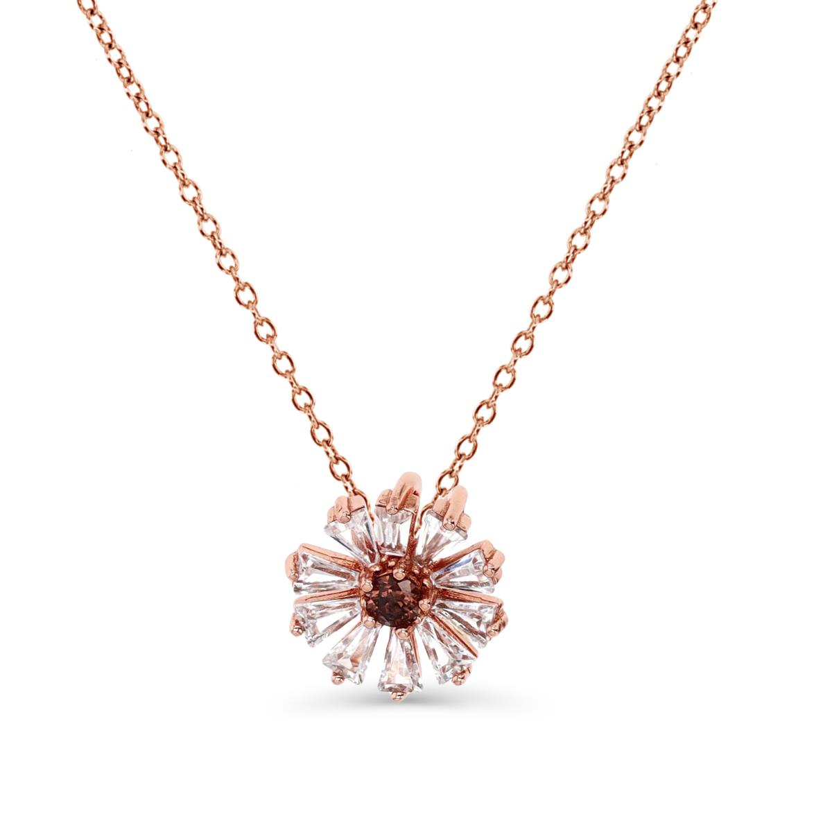 Sterling Silver Rose 12MM Polished Morganite & Smokey Tapered Baguette Unique Flower 18'' Rollo Necklace