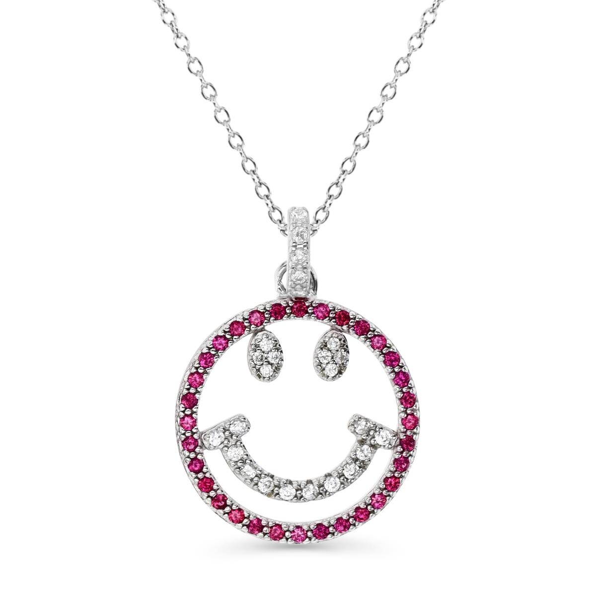 Sterling Silver Rhodium 25X18MM Polished Cr Ruby #8 & White CZ Cut Out Smiley Face 18" Rollo Necklace