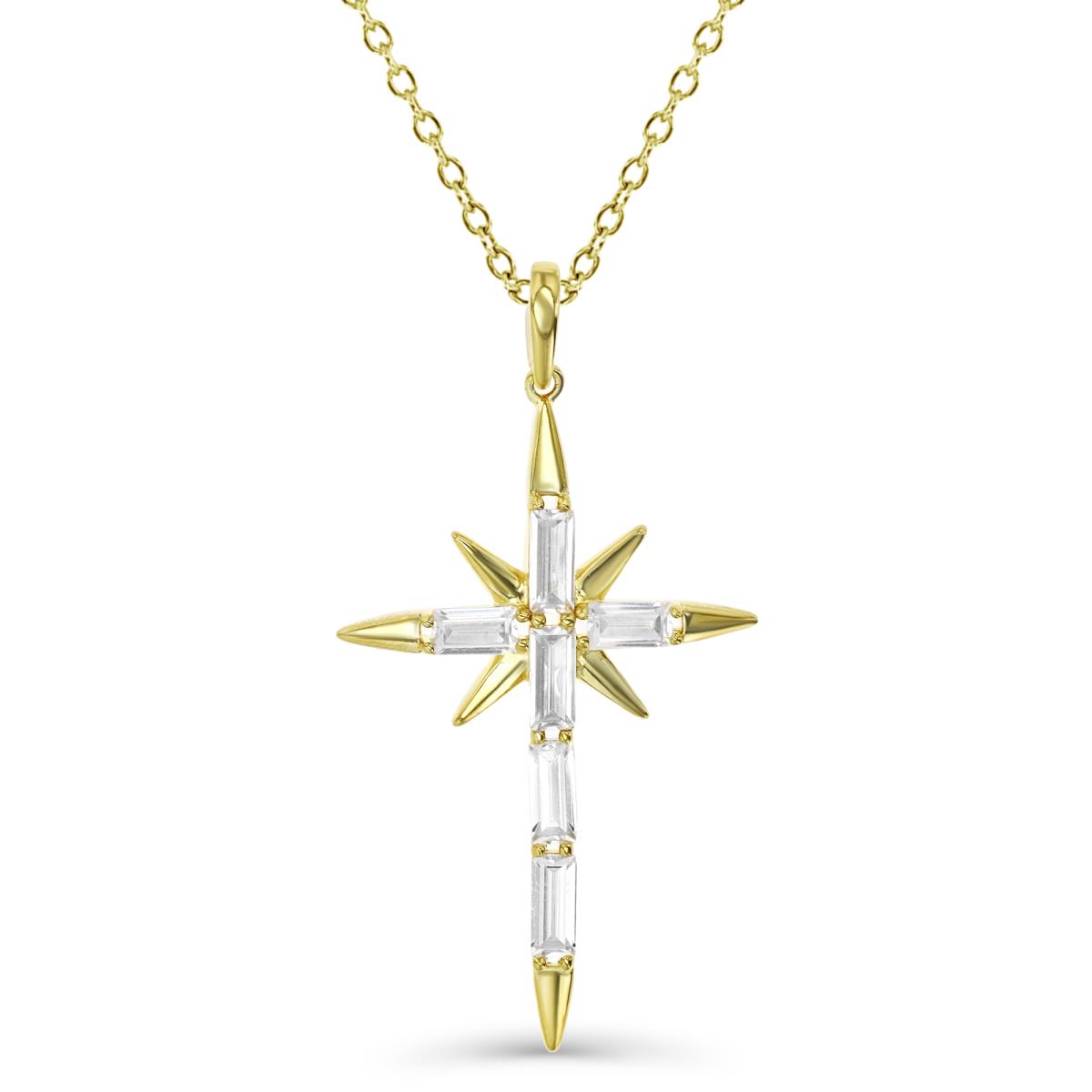 Sterling Silver Yellow 43X22MM Polished White CZ Stg Baguette Cross Necklace 18" Necklace