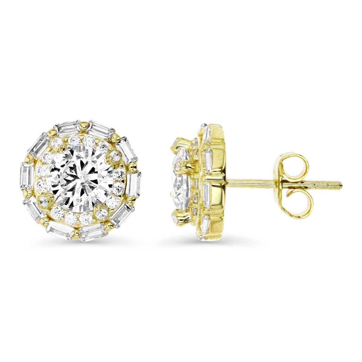Sterling Silver Yellow 1M 11MM Polished White CZ Rnd & Stg Baguette Halo Stud Earring