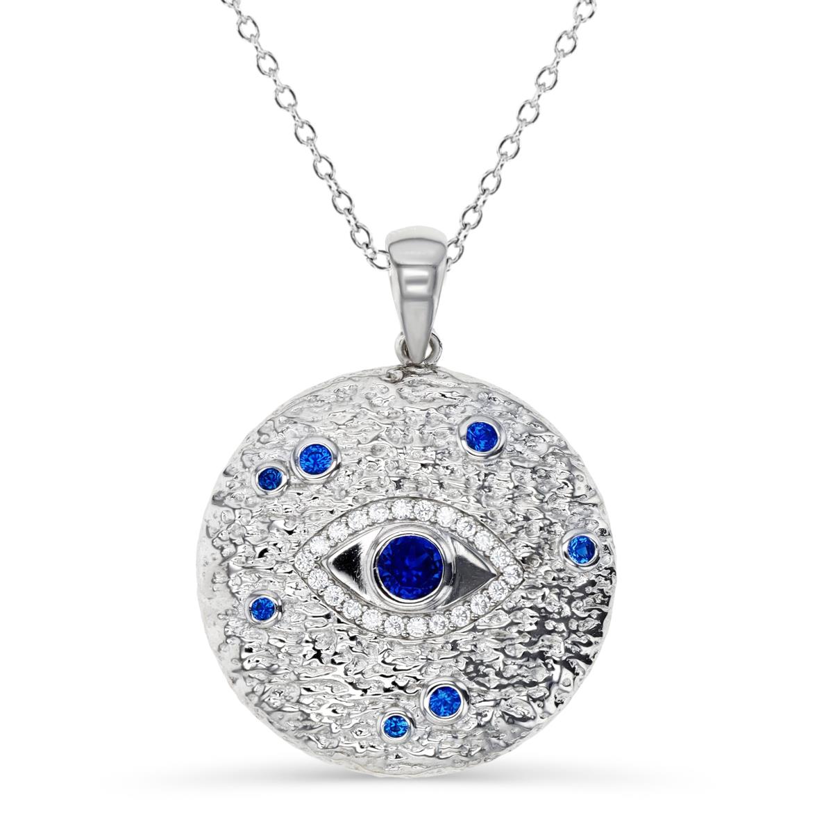 Sterling Silver Rhodium 33X25MM Textured Cr Spinel #113 & White CZ Evil Eye 18+2'' Singapore Necklace