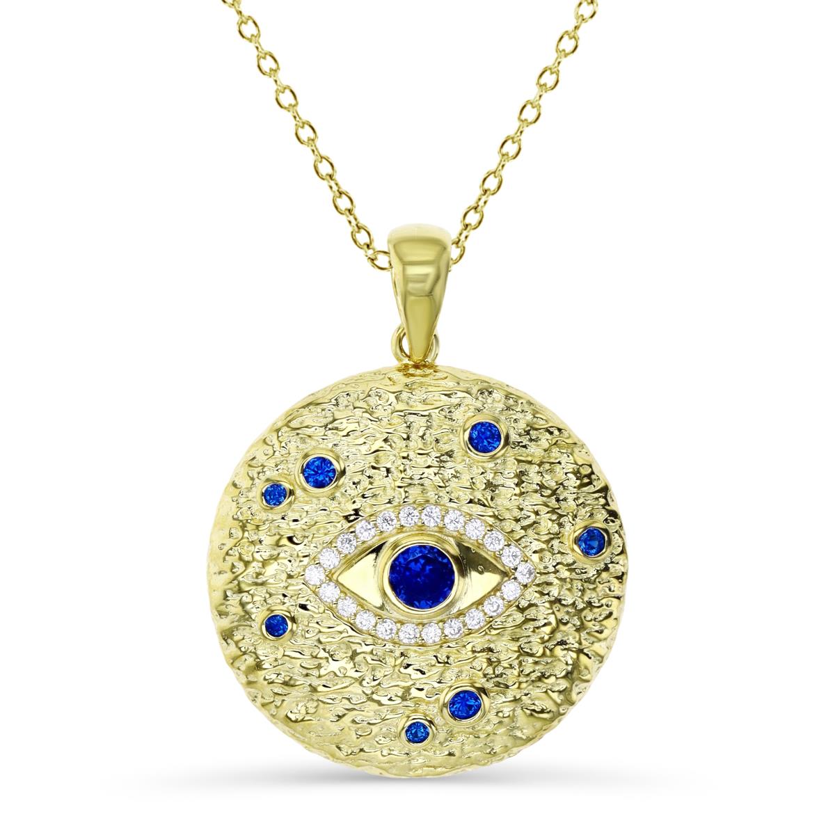 Sterling Silver Yellow 1M 33X25MM Textured Cr Spinel #113 & White CZ Evil Eye 18+2'' Singapore Necklace