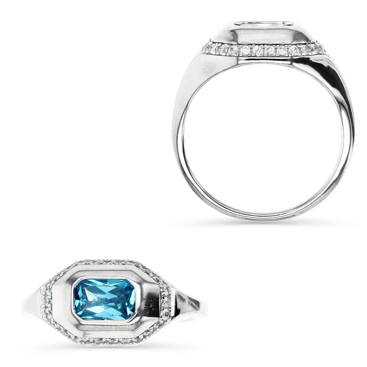 Sterling Silver Rhodium 9.5MM Polished Swiss Blue Topaz & White CZ Emerald Cut Bezel Ring