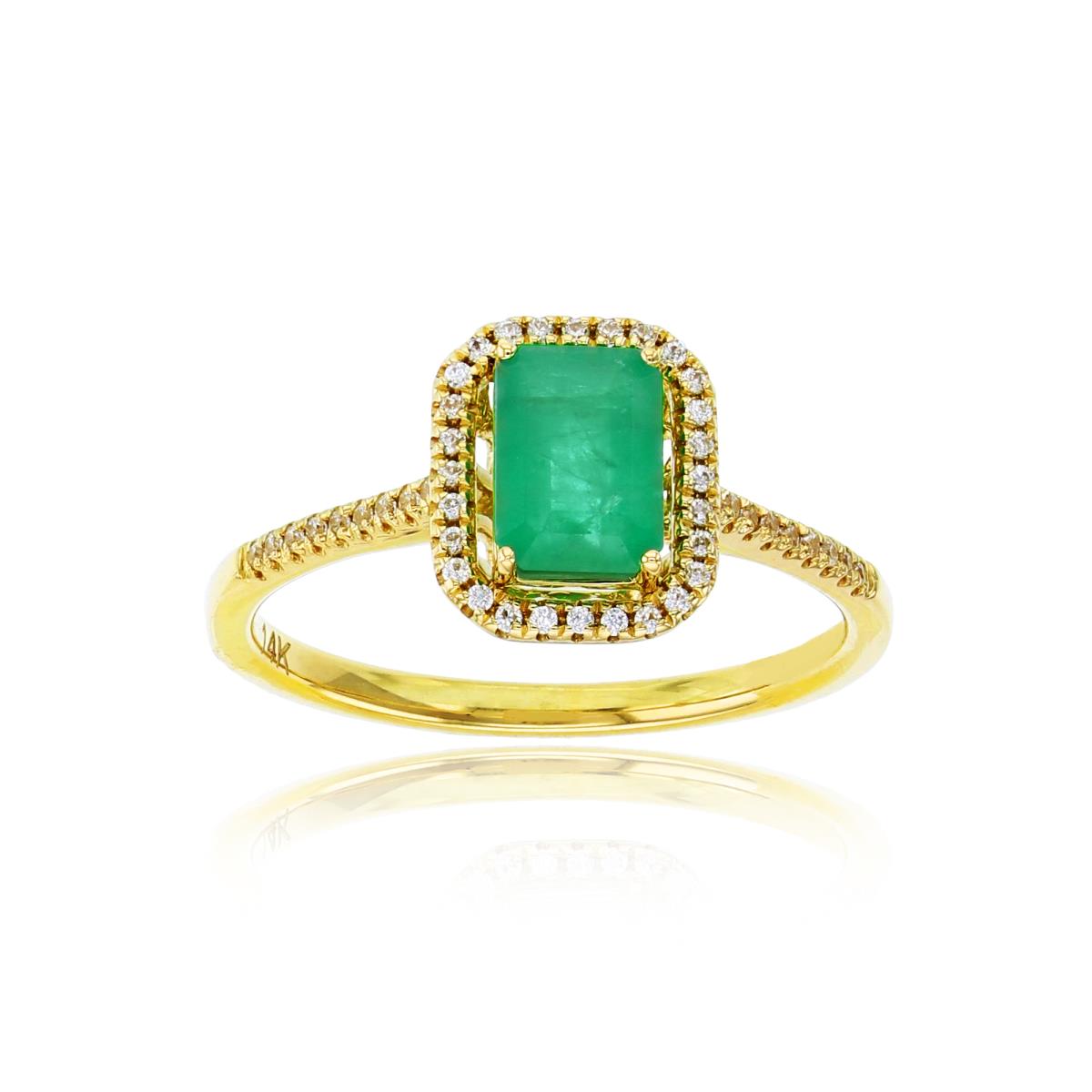 14K Yellow Gold 0.14 CTTW Rnd Diam & 7x5mm Oct Emerald Halo Ring