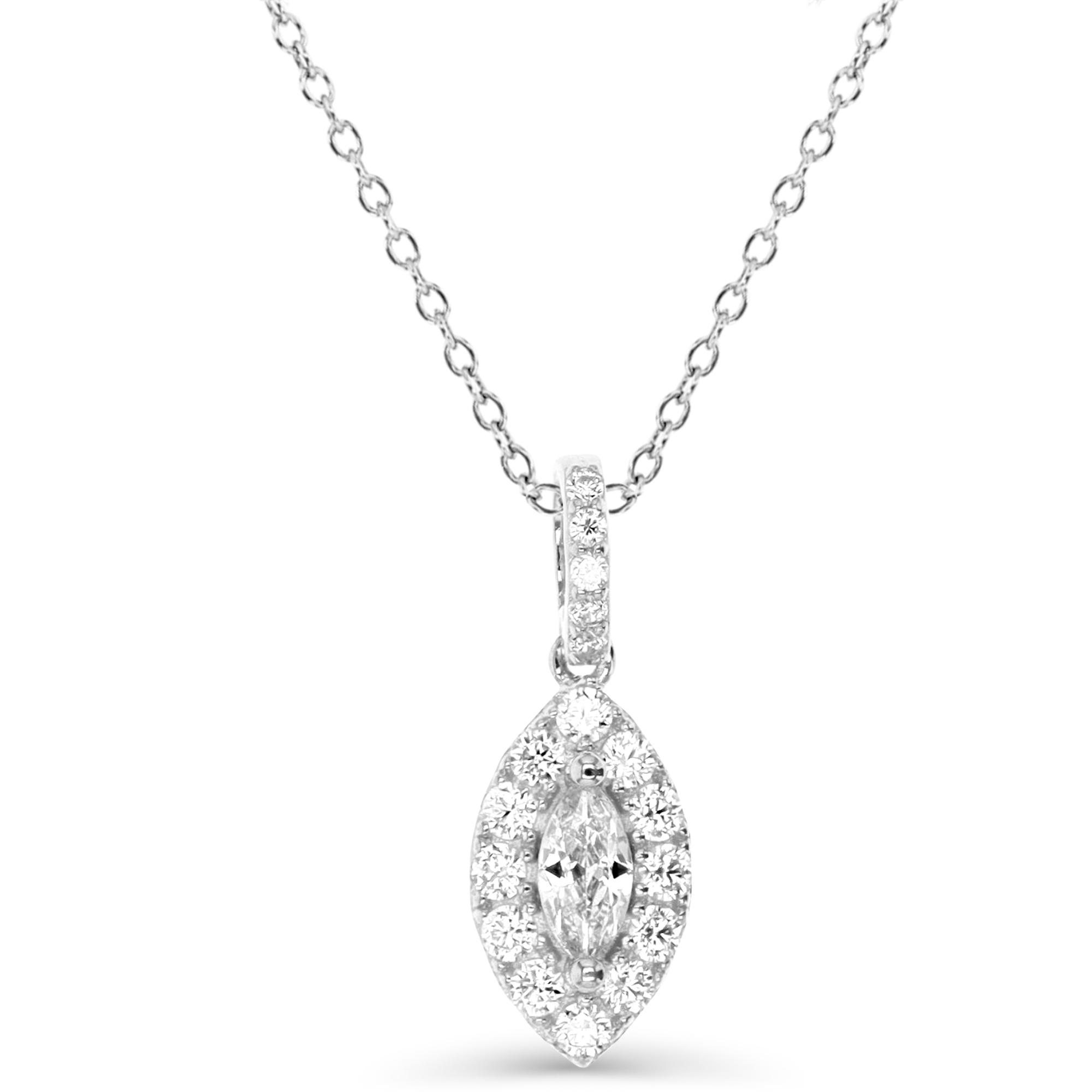 Sterling Silver Rhodium 19X7MM Polished White CZ Marquise Halo Dangling 18'' Necklace