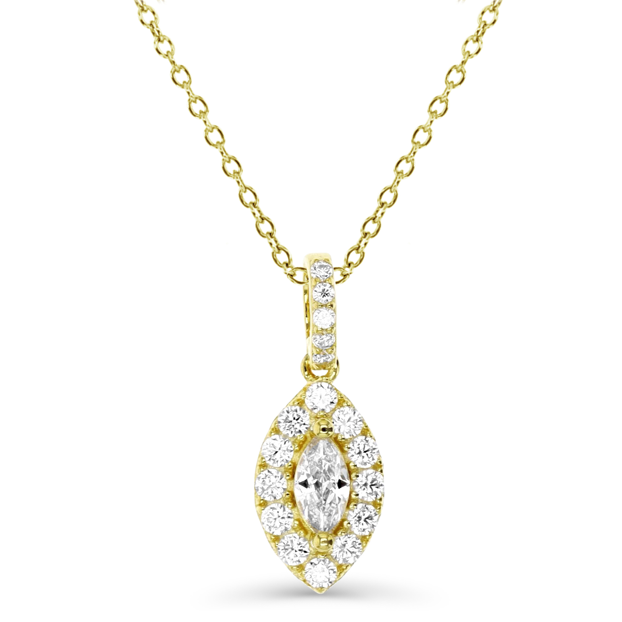 Sterling Silver Yellow 19X7MM Polished White CZ Marquise Halo Dangling 18'' Necklace