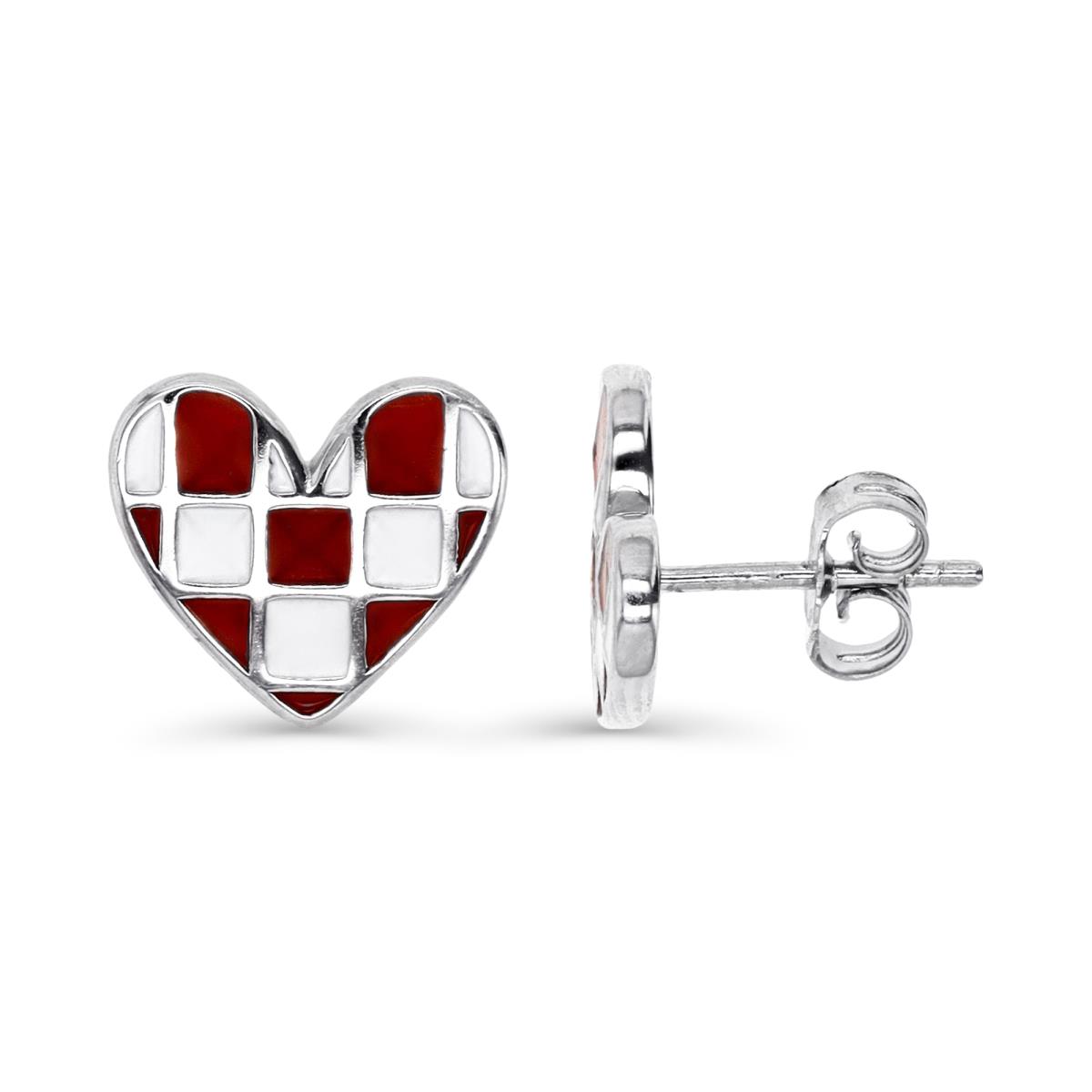 Sterling Silver Rhodium 12X11MM Polished Red & White Enamel Heart Stud Earring