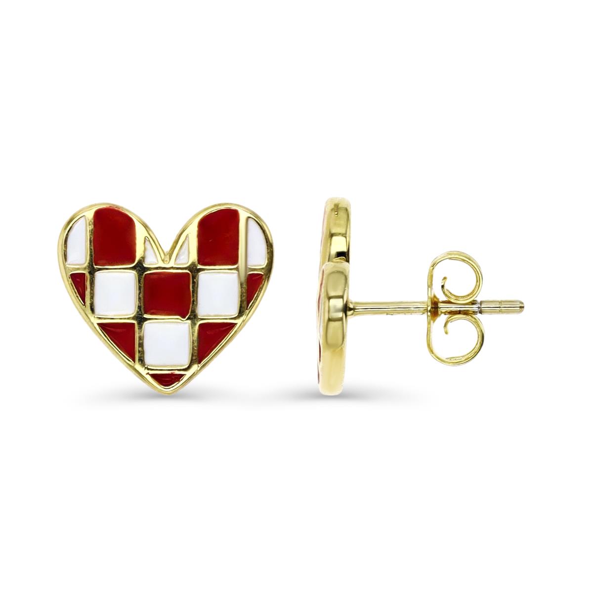 Sterling Silver Yellow 12X11MM Polished Red & White Enamel Heart Stud Earring