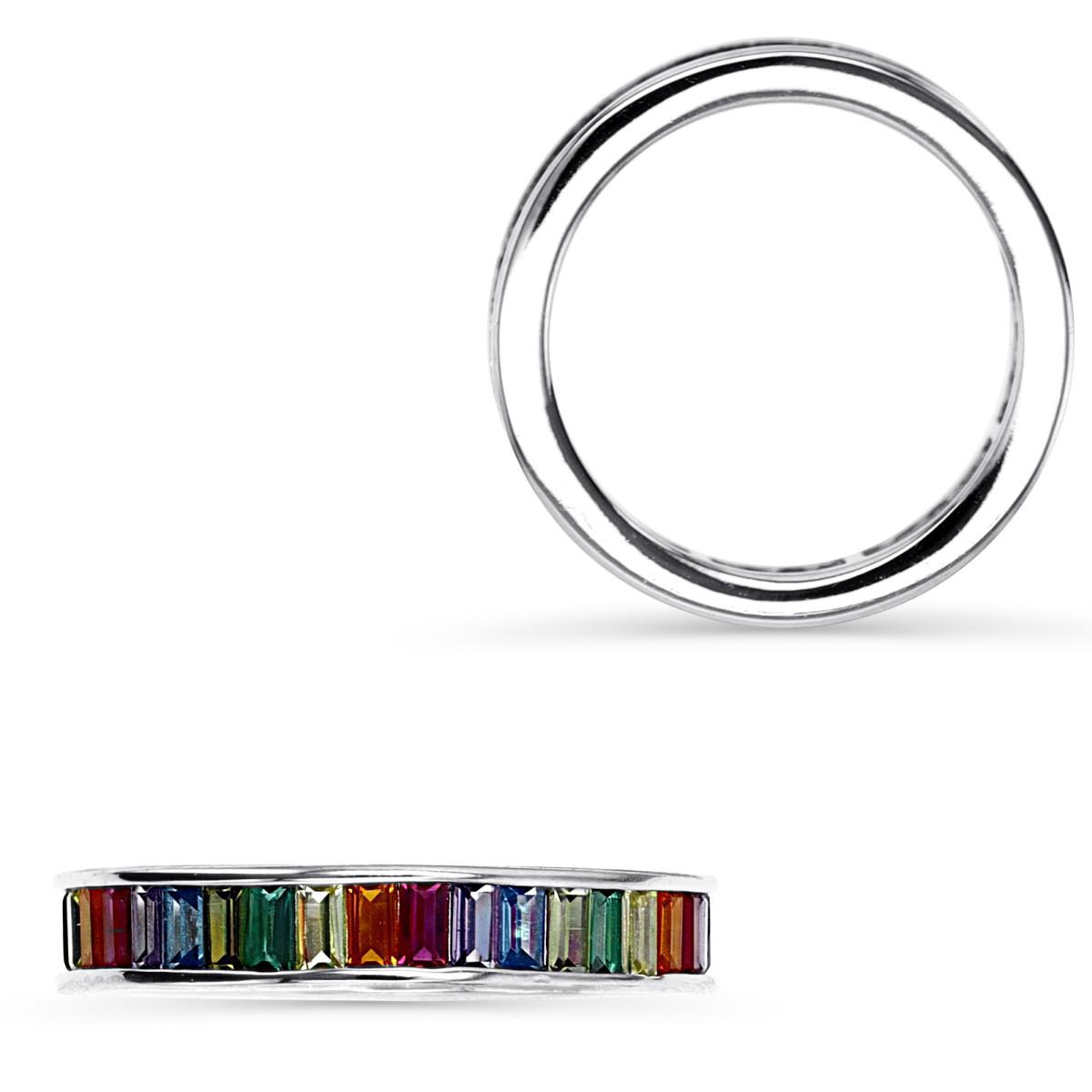 Sterling Silver Rhodium 3.5MM Polished Multi Color Stg Baguette Eternity Ring