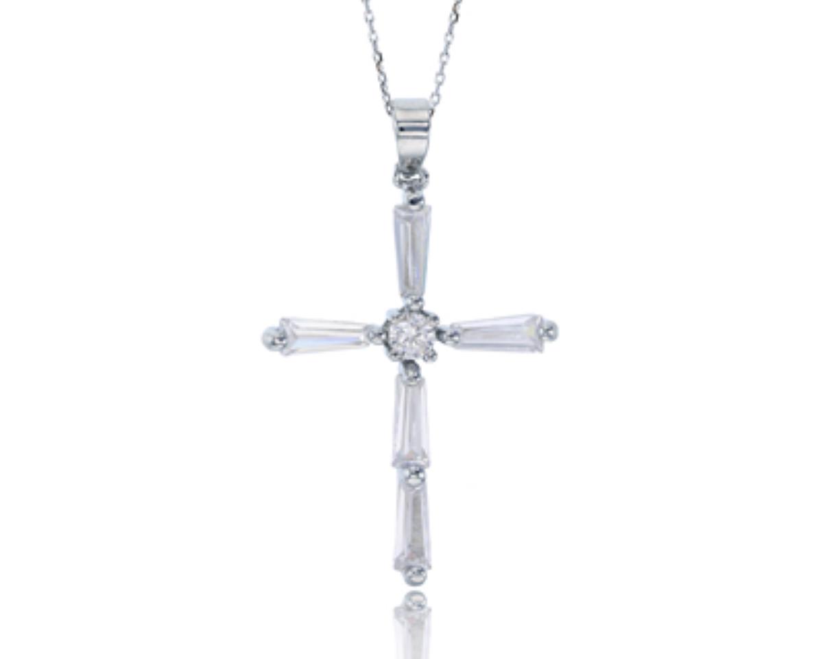 Platinum Plated Brass Rhodium Round Cut & Baguette CZ Cross 18+2'' Necklace