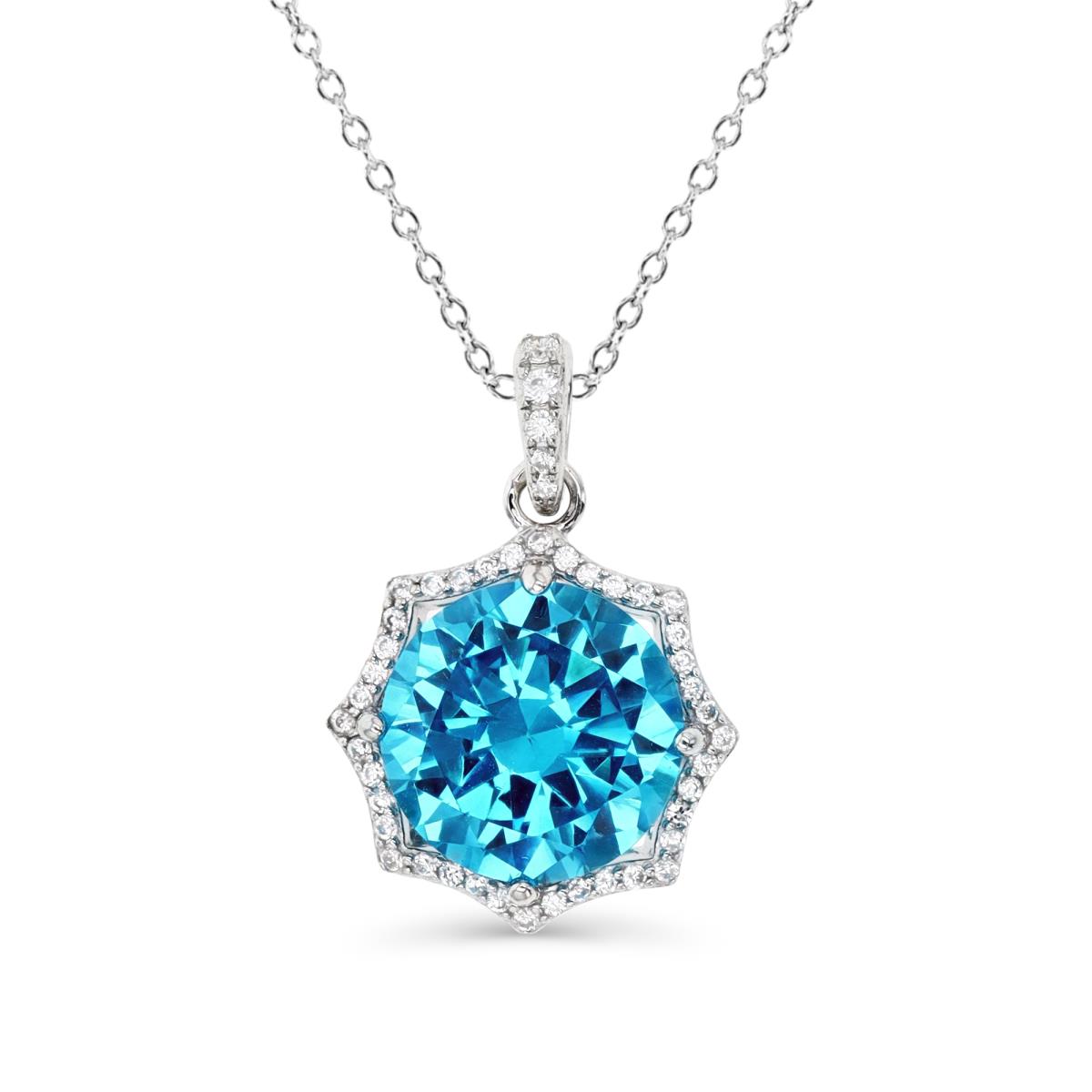 Sterling Silver Rhodium 24X15MM Polished Swiss Blue Topaz & White CZ Octagonal Halo 18'' Necklace