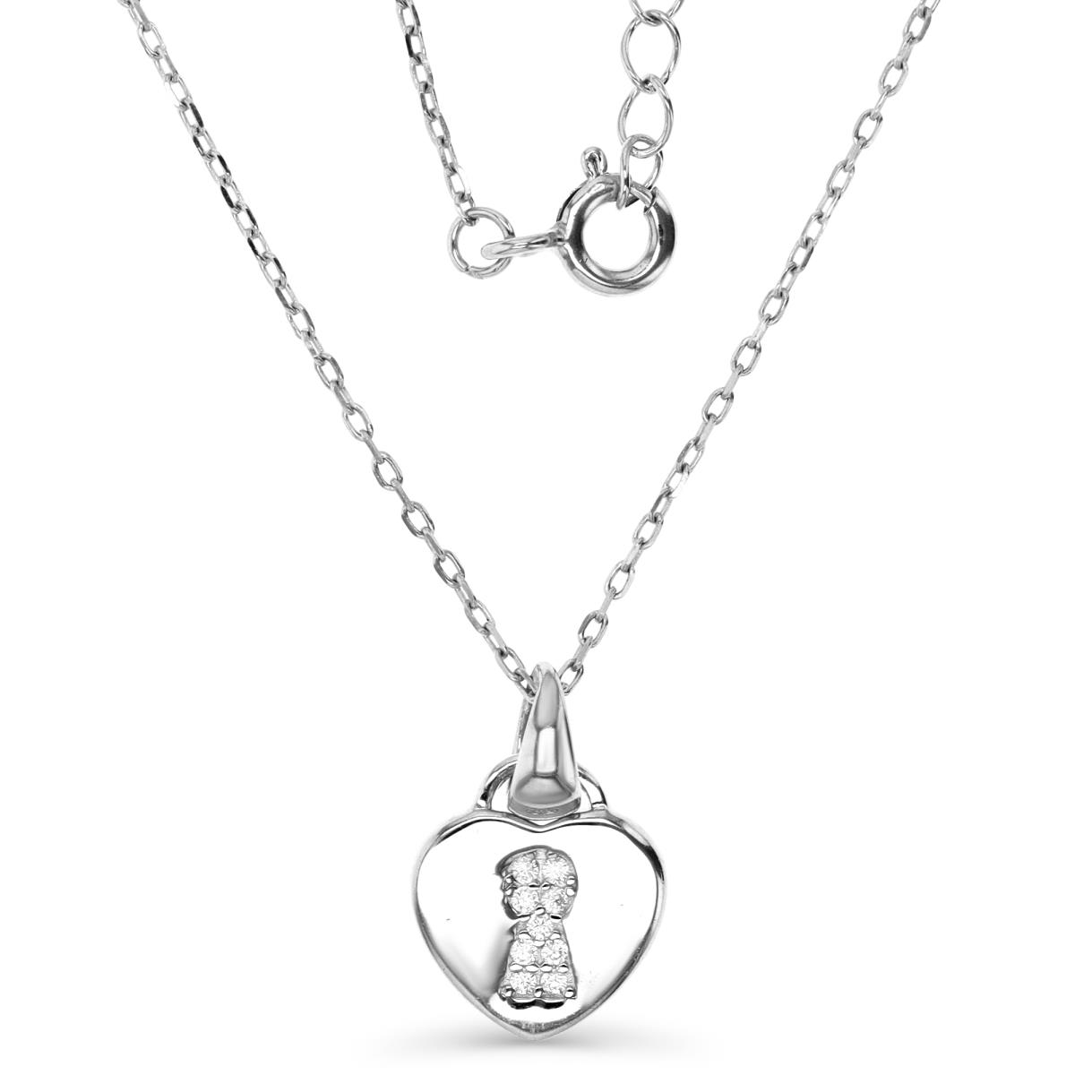 Sterling Silver Rhodium 16X10MM Polished White CZ Heart Lock Dangling 13+2'' Rollo Necklace