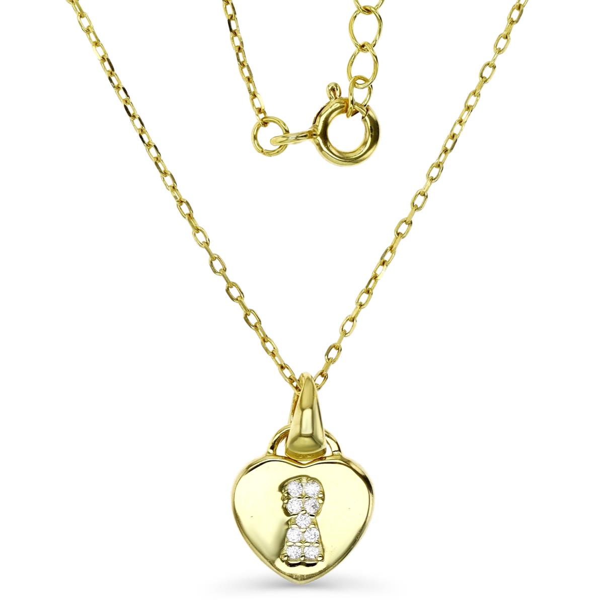 Sterling Silver Yellow 1M 16X10MM Polished White CZ Heart Lock Dangling 13+2'' Rollo Necklace