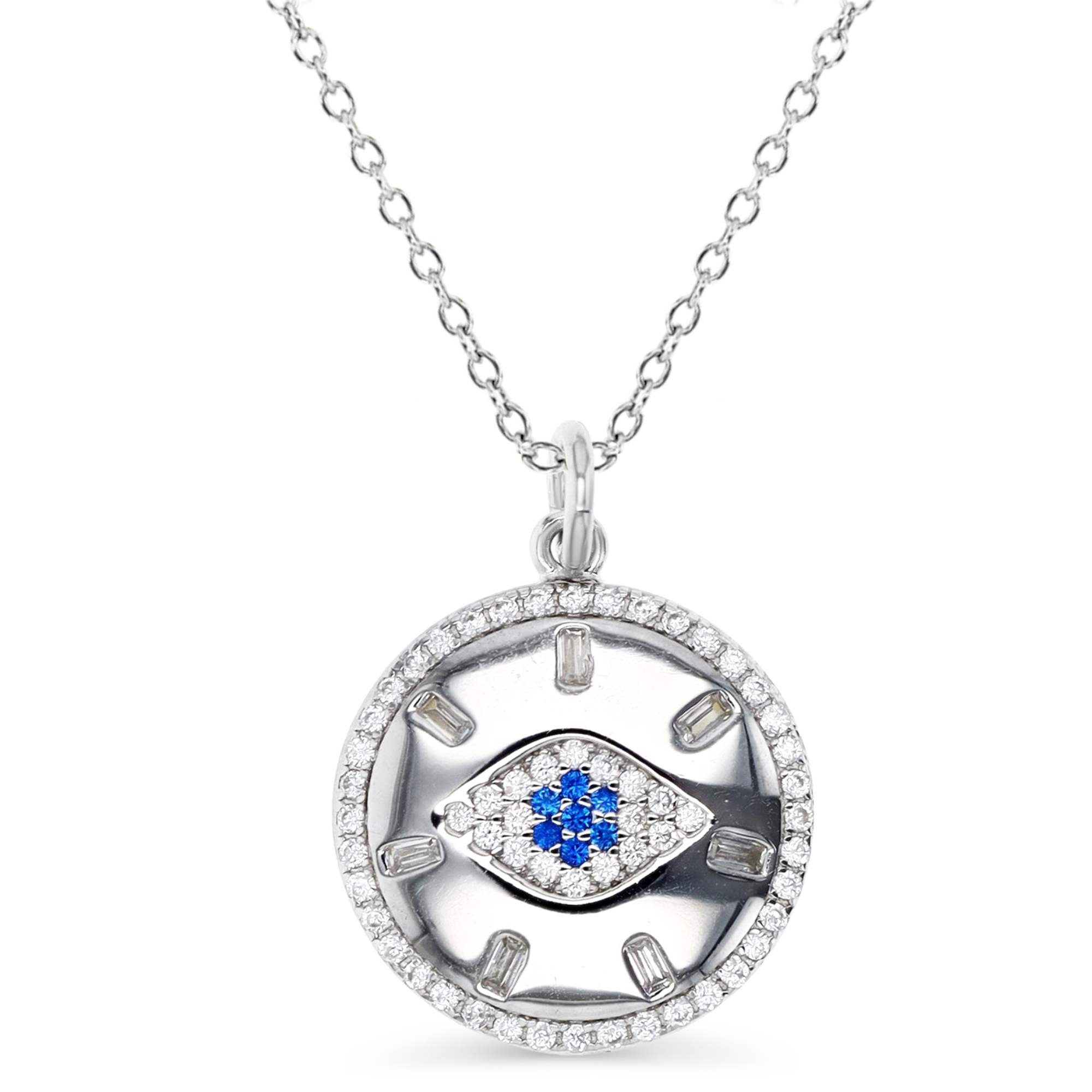Sterling Silver Rhodium 20MM Polished Cr Spinel #113 & White CZ Evil Eye 18'' Rollo Necklace