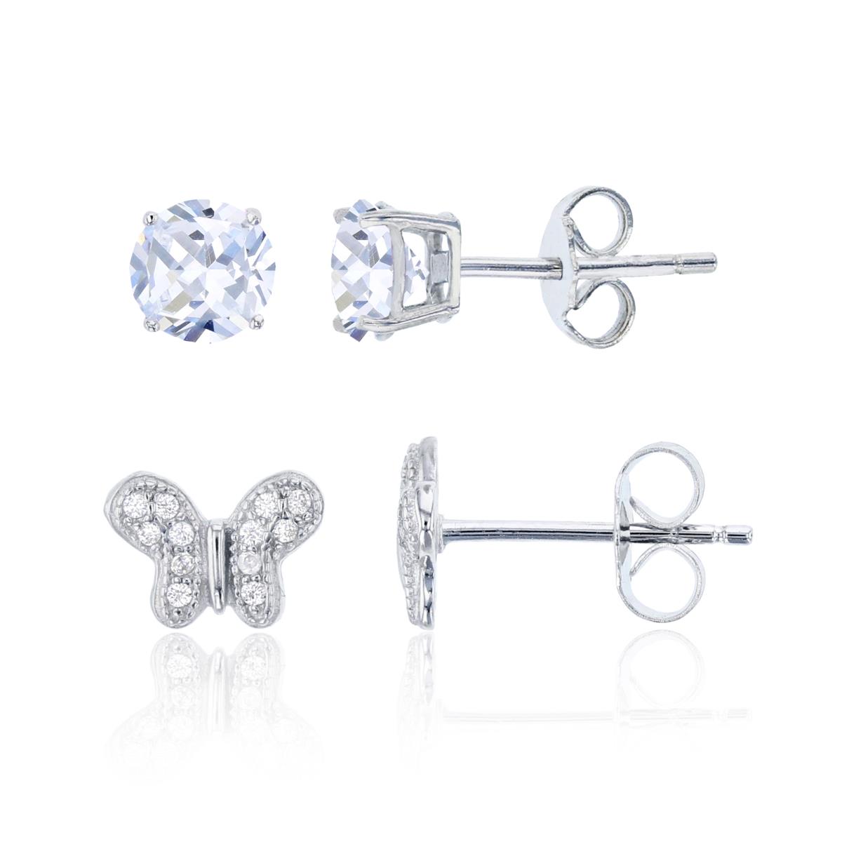 Sterling Silver Rhodium 4mm AAA Rd Solitaire and Butterfly Stud Set