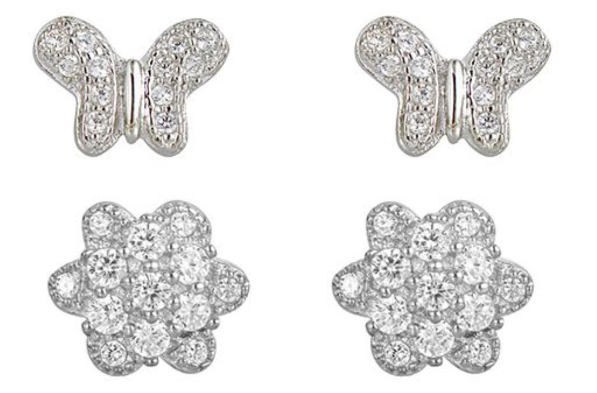 Sterling Silver Rhodium Flower and Butterfly Stud Set