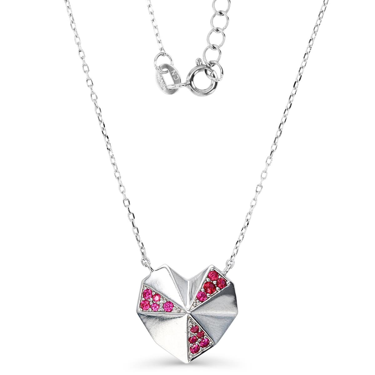 Sterling Silver Rhodium 15MM Polished Cr Ruby #8 Origami Heart Dangling 16+2'' Rollo Necklace