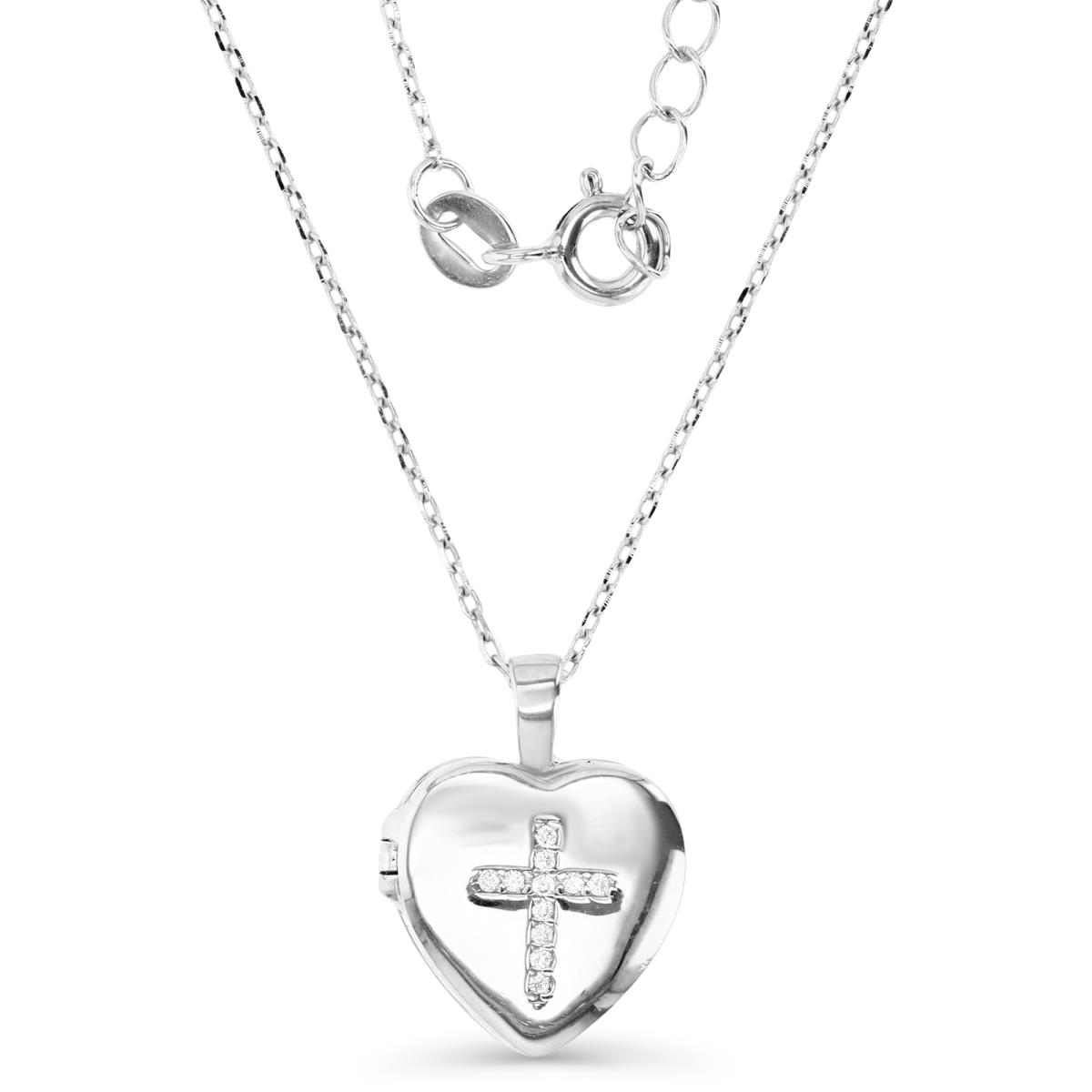 Sterling Silver Rhodium 18X14MM Polished White CZ Cros Heart Locket 13+2'' Necklace