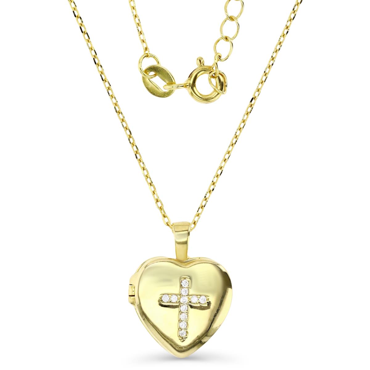Sterling Silver Yellow 18X14MM Polished White CZ Cros Heart Locket 13+2'' Necklace