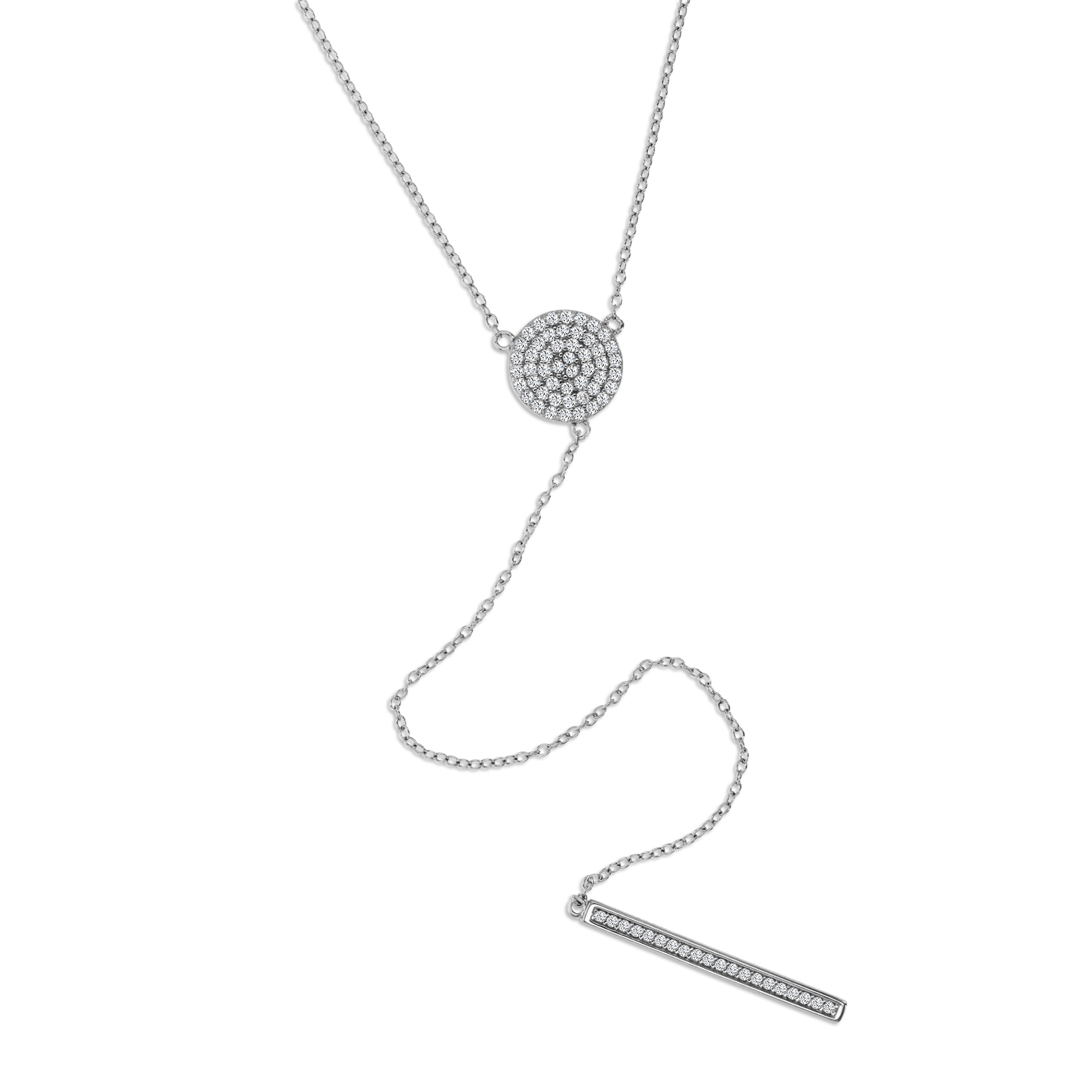 Sterling Silver Rhodium 17MM Polished White CZ Pave Dangling Bar 'Y' 18+2'' Necklace