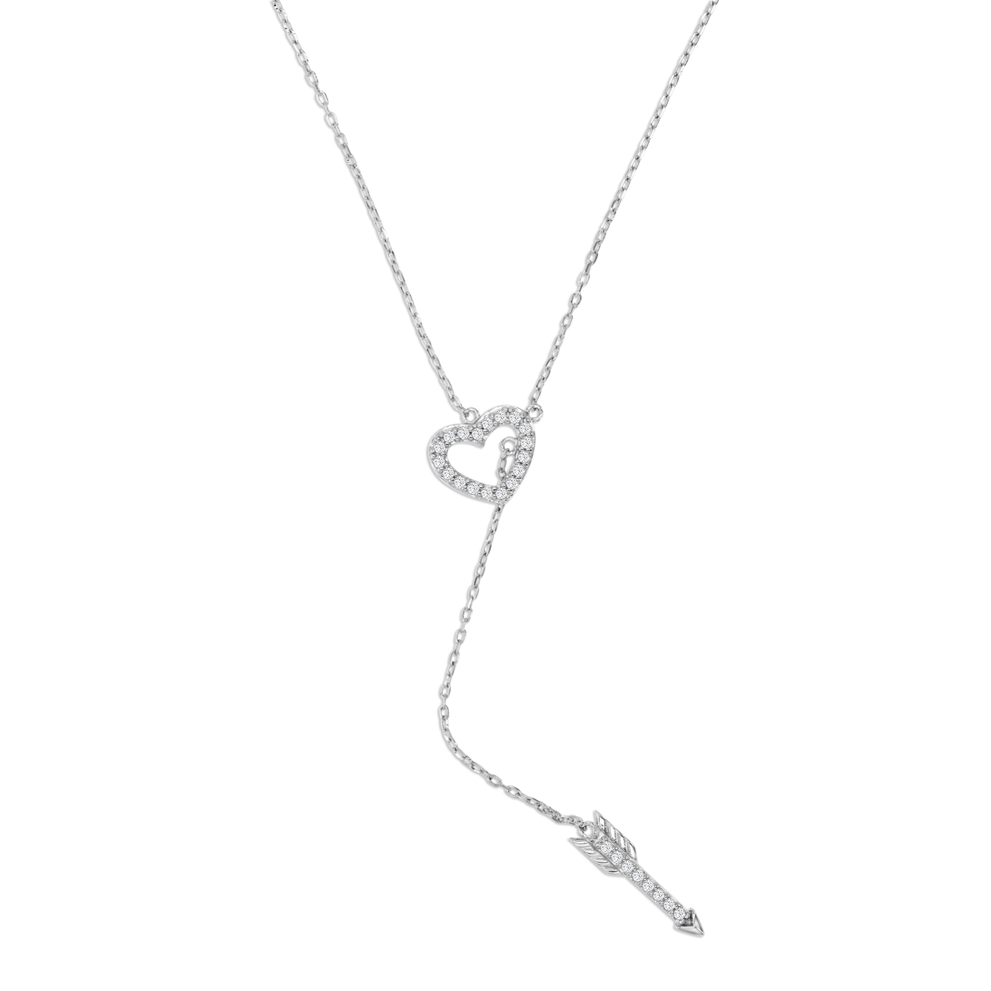Sterling Silver Rhodium 9MM Polished White CZ Cut Out Heart 'Y' 18+2'' Necklace