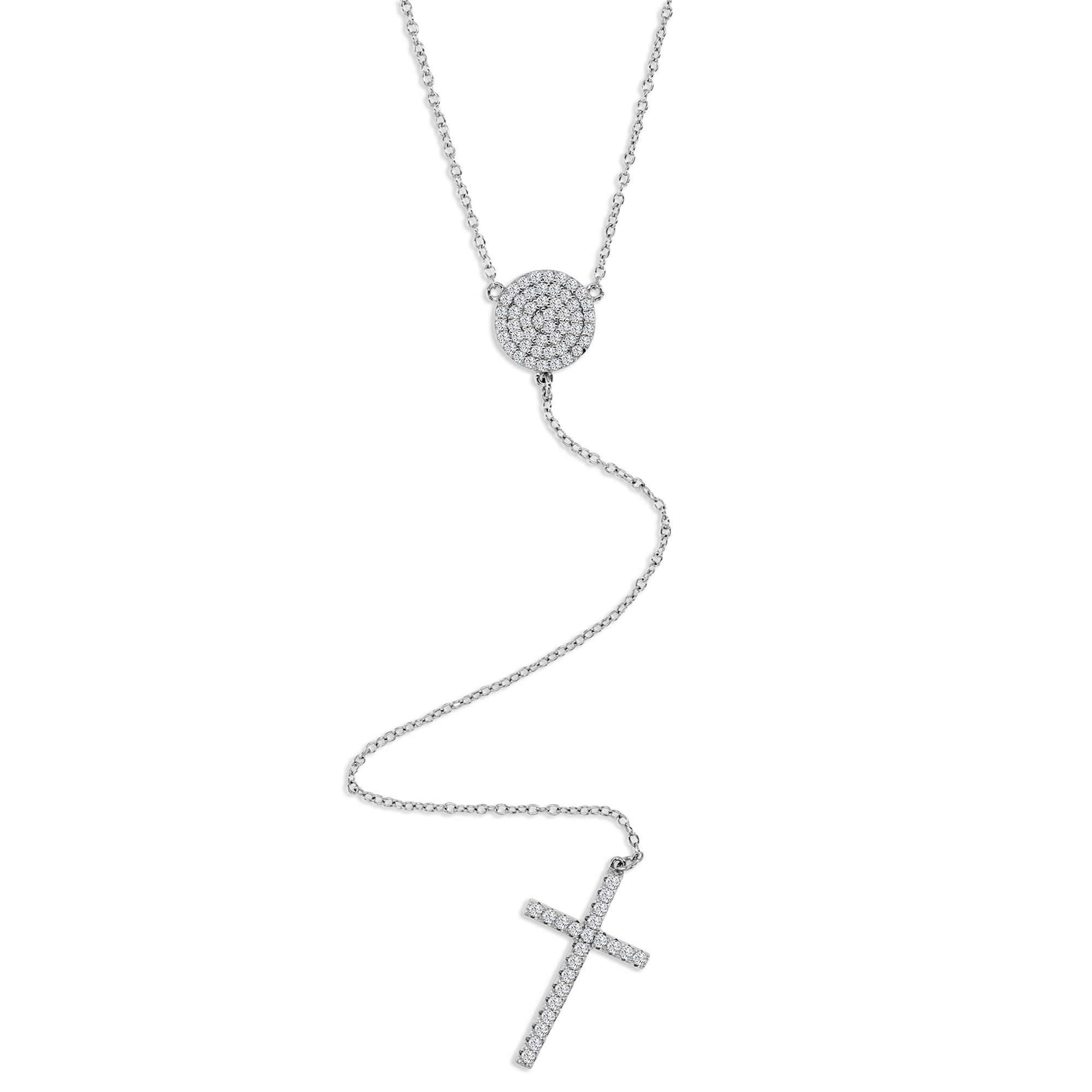 Sterling Silver Rhodium 22MM Polished White CZ Pave Dangling Cross 'Y' 18+2'' Necklace