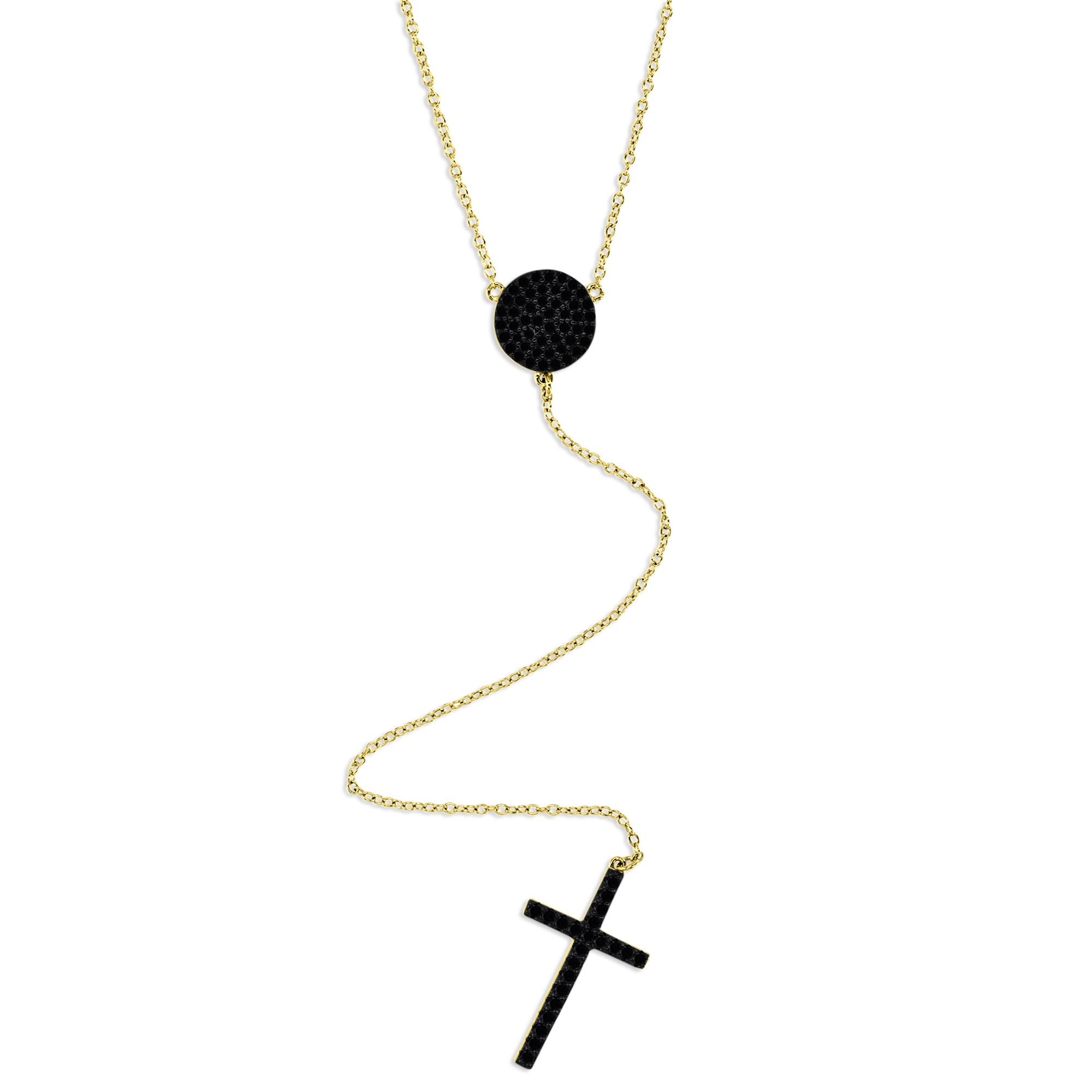 Sterling Silver Yellow 22MM Polished Black Spinel Pave Dangling Cross 'Y' 18+2'' Necklace