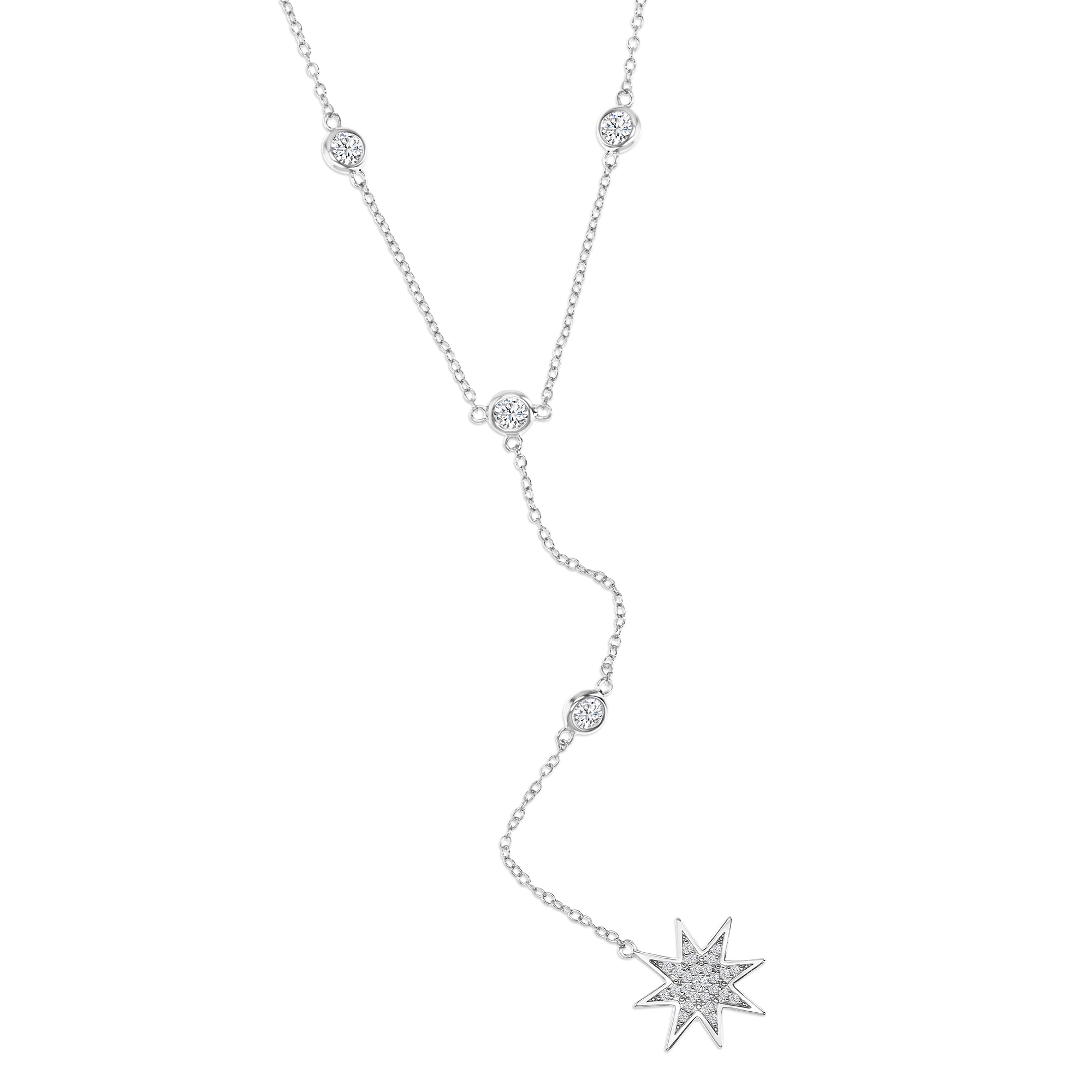 Sterling Silver Rhodium 16MM Polished White CZ Pave Danging Star Station 'Y' 18+2'' Necklace