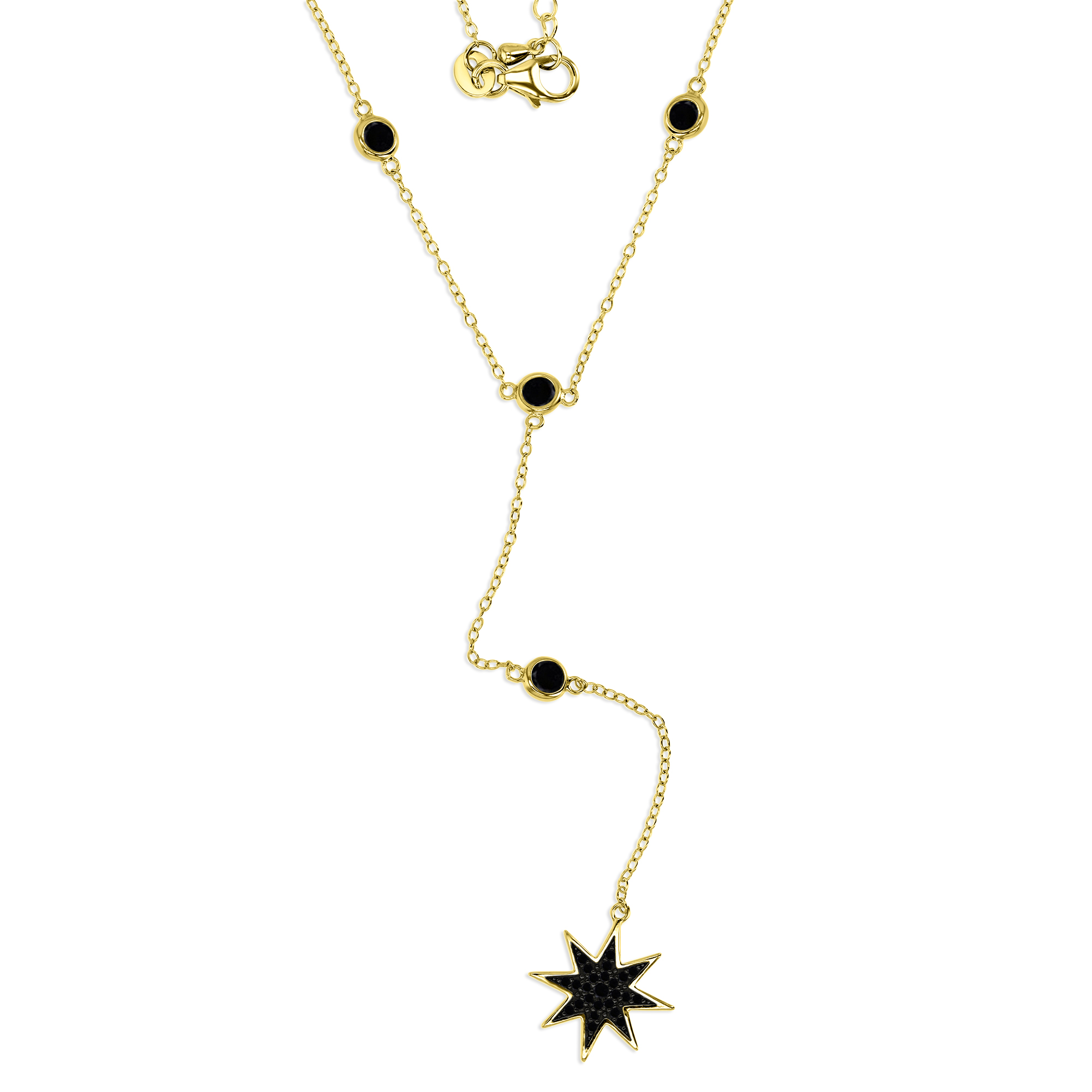 Sterling Silver Yellow 16MM Polished Black Spinel Pave Dangling Star Station 'Y' 18+2'' Necklace