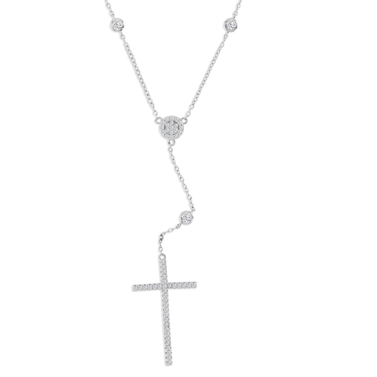 Sterling Silver Rhodium 31MM Polished White CZ Station Bezel Dangling Cross 'Y' 18+2'' Necklace