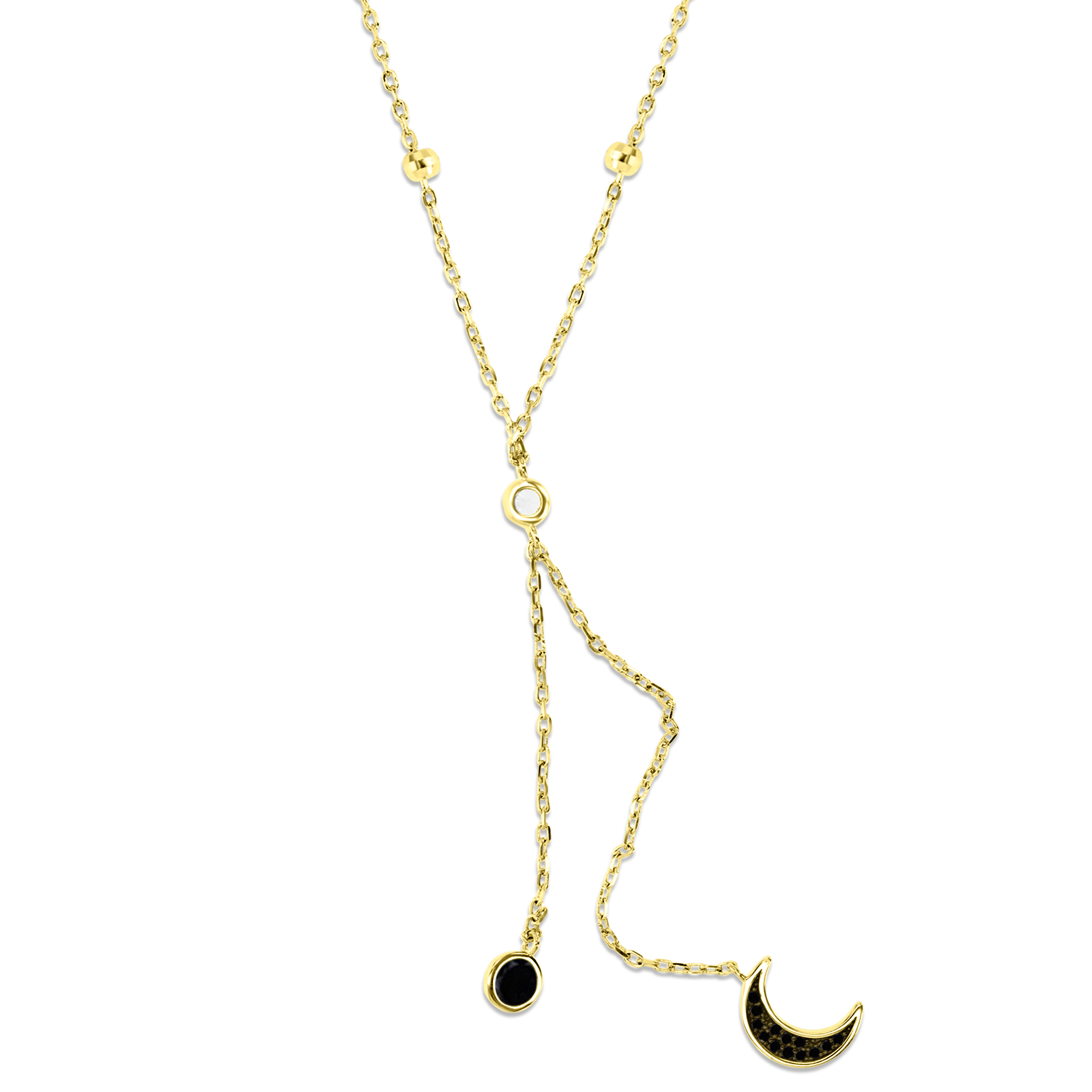 Sterling Silver Yellow 12MM Polished Black Spinel Station Bezel Dangling Moon 'Y' 18+2'' Necklace