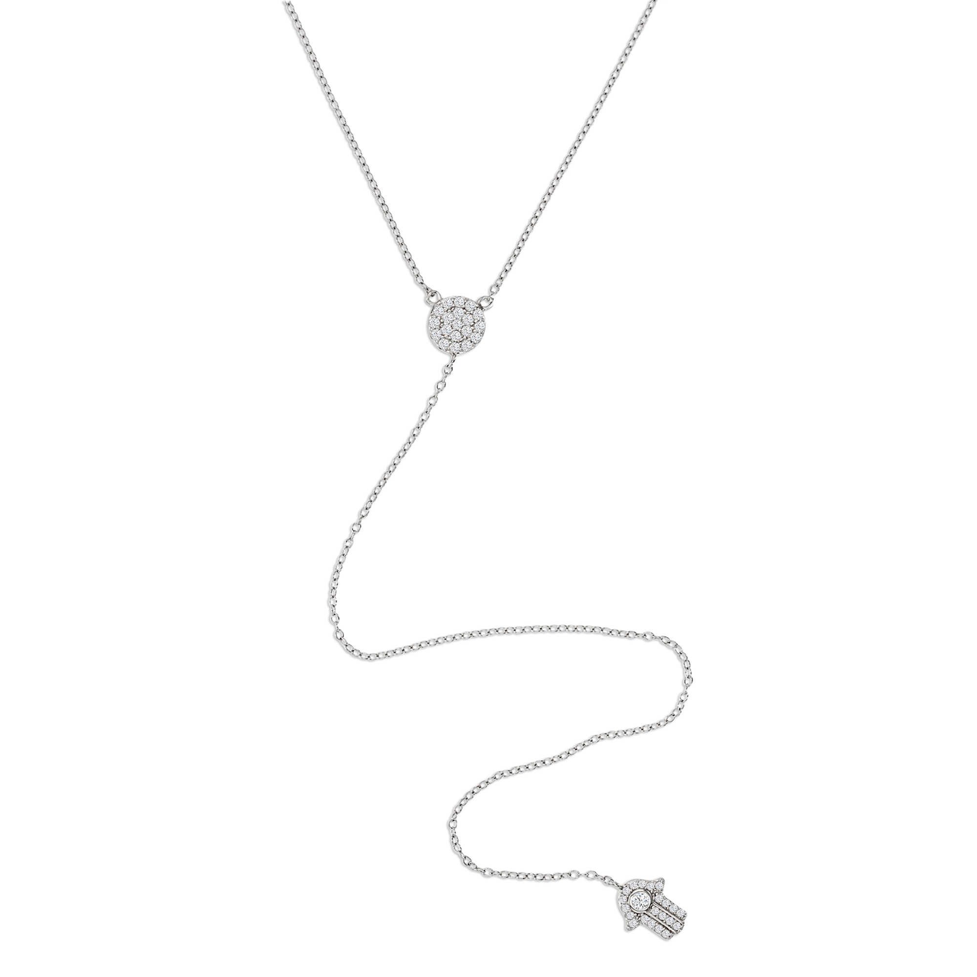 Sterling Silver Rhodium 20MM Polished White CZ Pave Dangling Hamza 'Y' 18+2'' Necklace