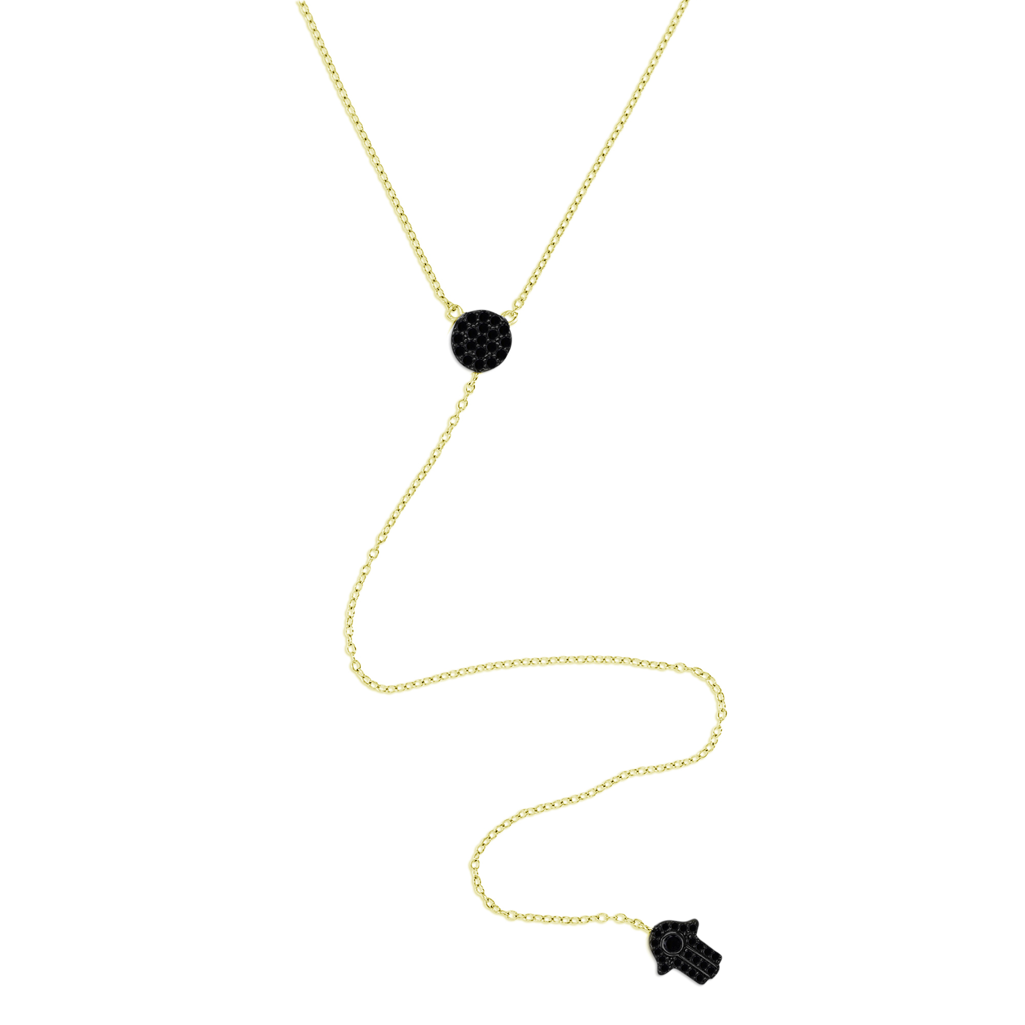 Sterling Silver Yellow 20MM Polished Black Spinel Pave Dangling Hamza 'Y' 18+2'' Necklace