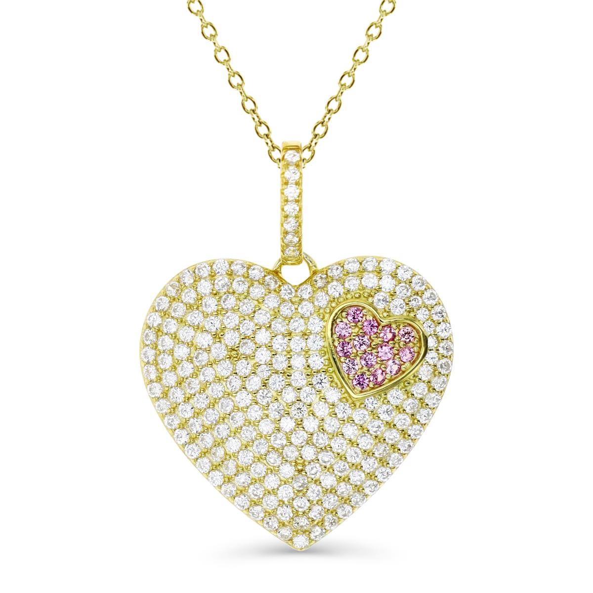 Brass Yellow 30X23MM Polished White CZ & CR Ruby#3 Pave Heart Dangling 18'' Necklace