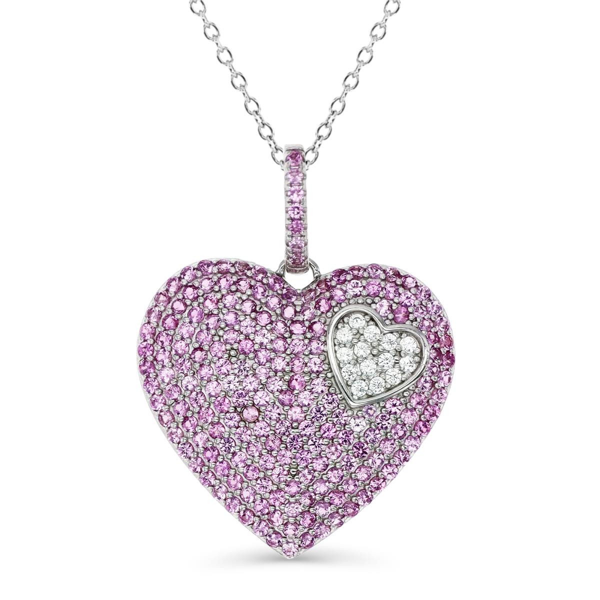 Sterling Silver Rhodium 30X23MM Polished CR Ruby#3 & White CZ  Pave Heart Dangling 18'' Necklace