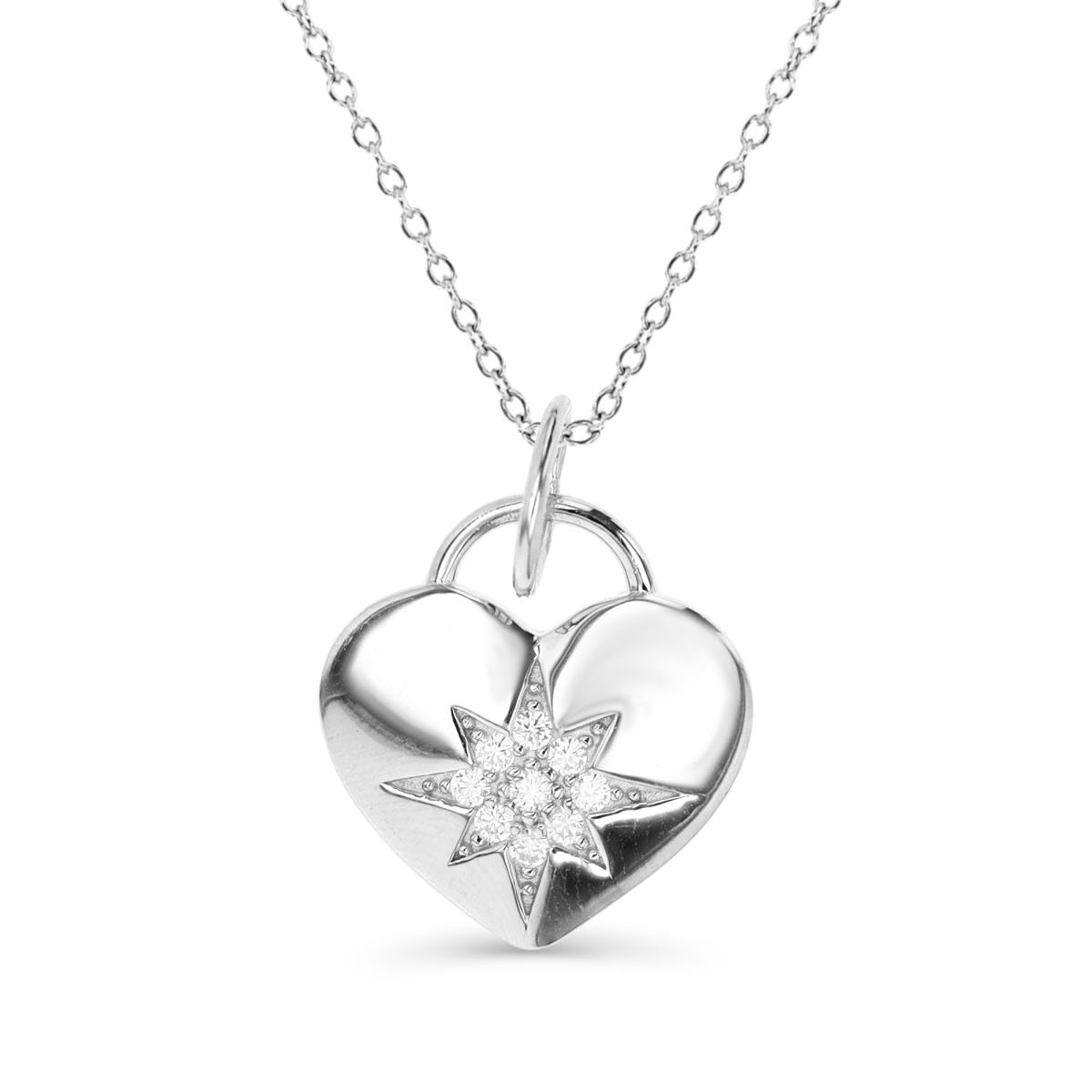Sterling Silver Rhodium 25X17MM Polished White CZ Star Heart Dangling 18'' Necklace