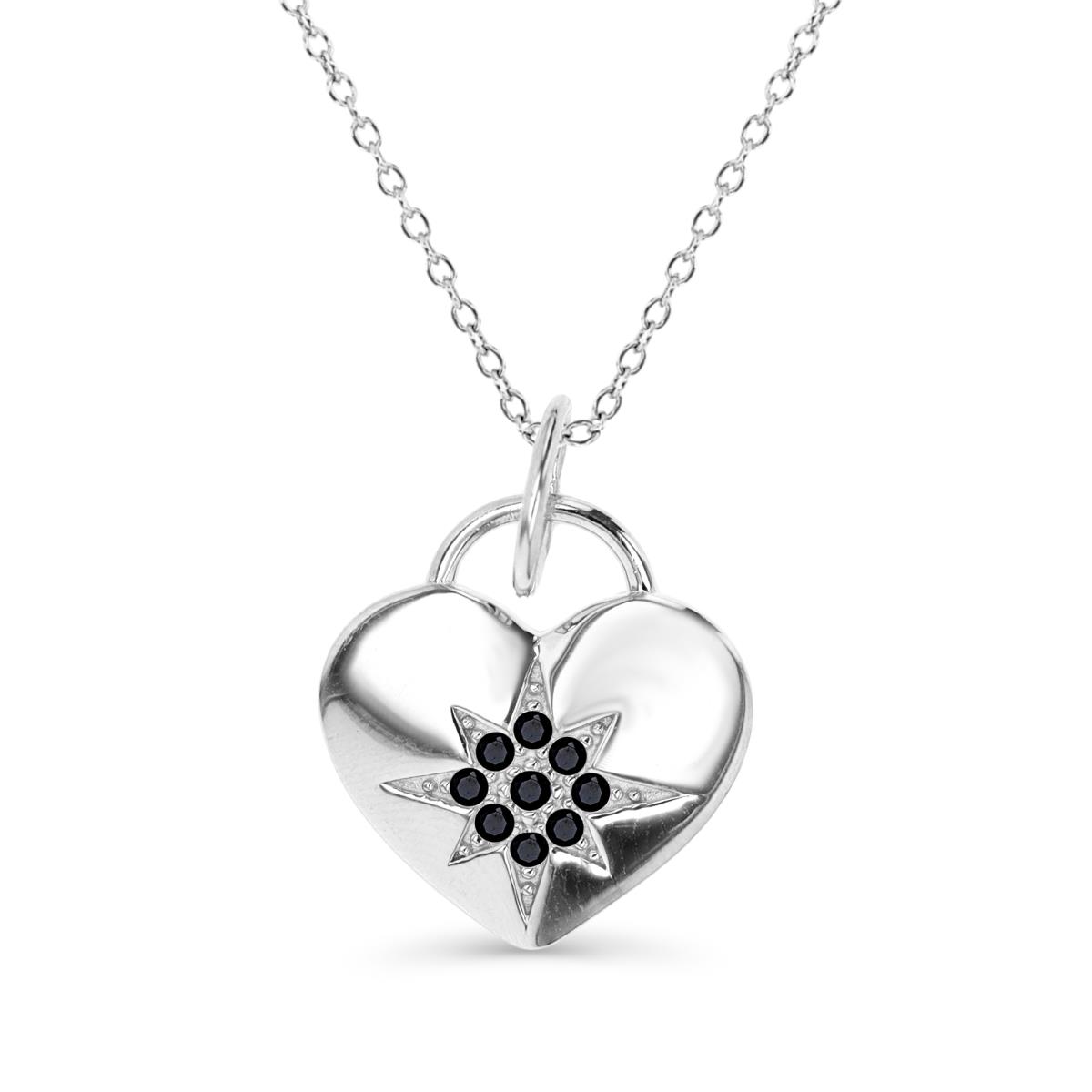 Sterling Silver Rhodium 25X17MM Polished Black Spinel Star Heart Dangling 18'' Necklace