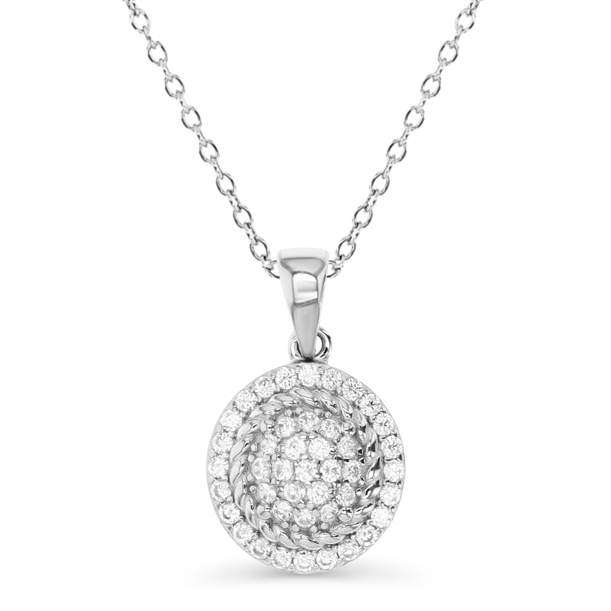 Sterling Silver Rhodium 19X12MM Polished White CZ Pave Circle Dangling 18'' Necklace