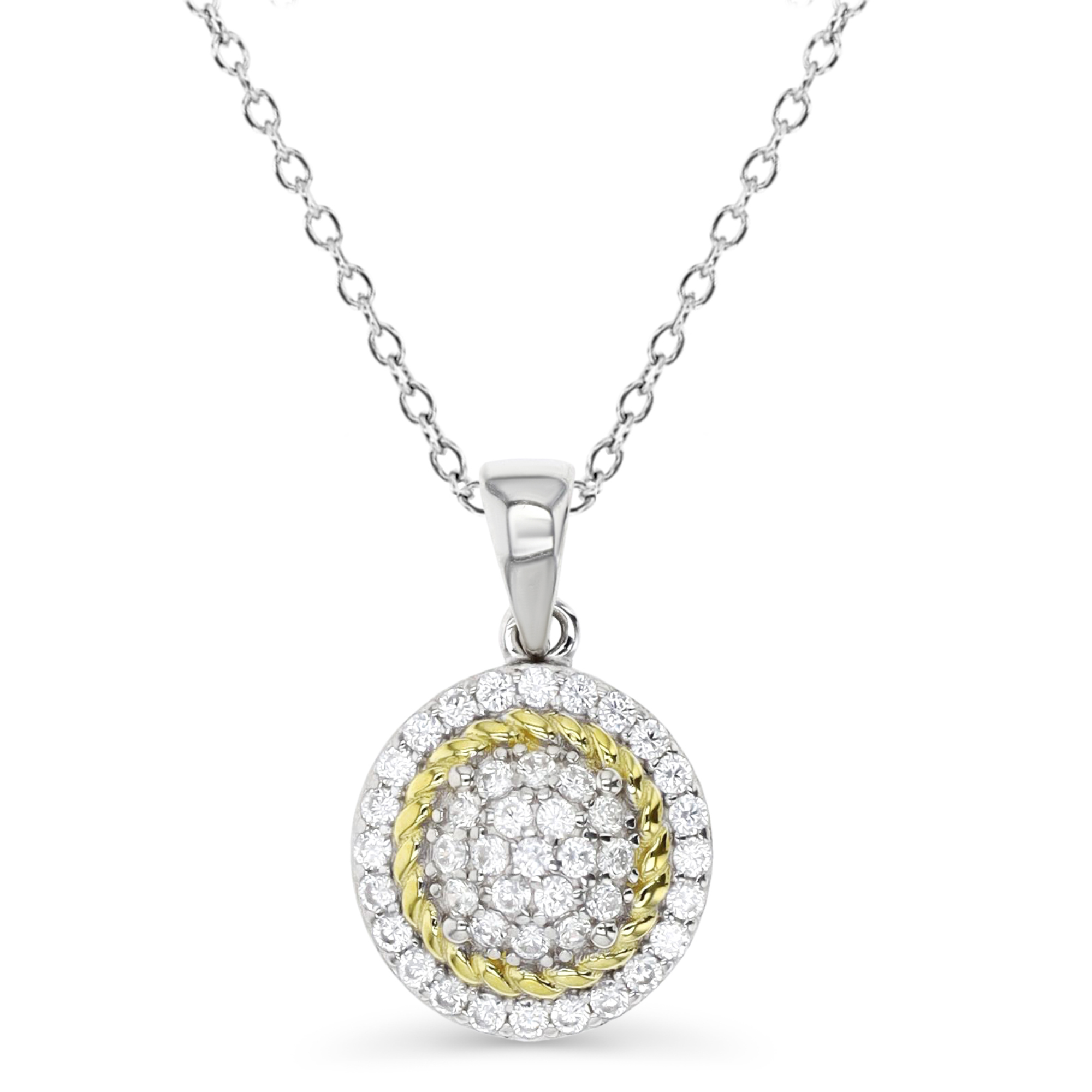 Sterling Silver Rhodium & Yellow 19X12MM Polished White CZ Pave Circle Dangling 18'' Necklace