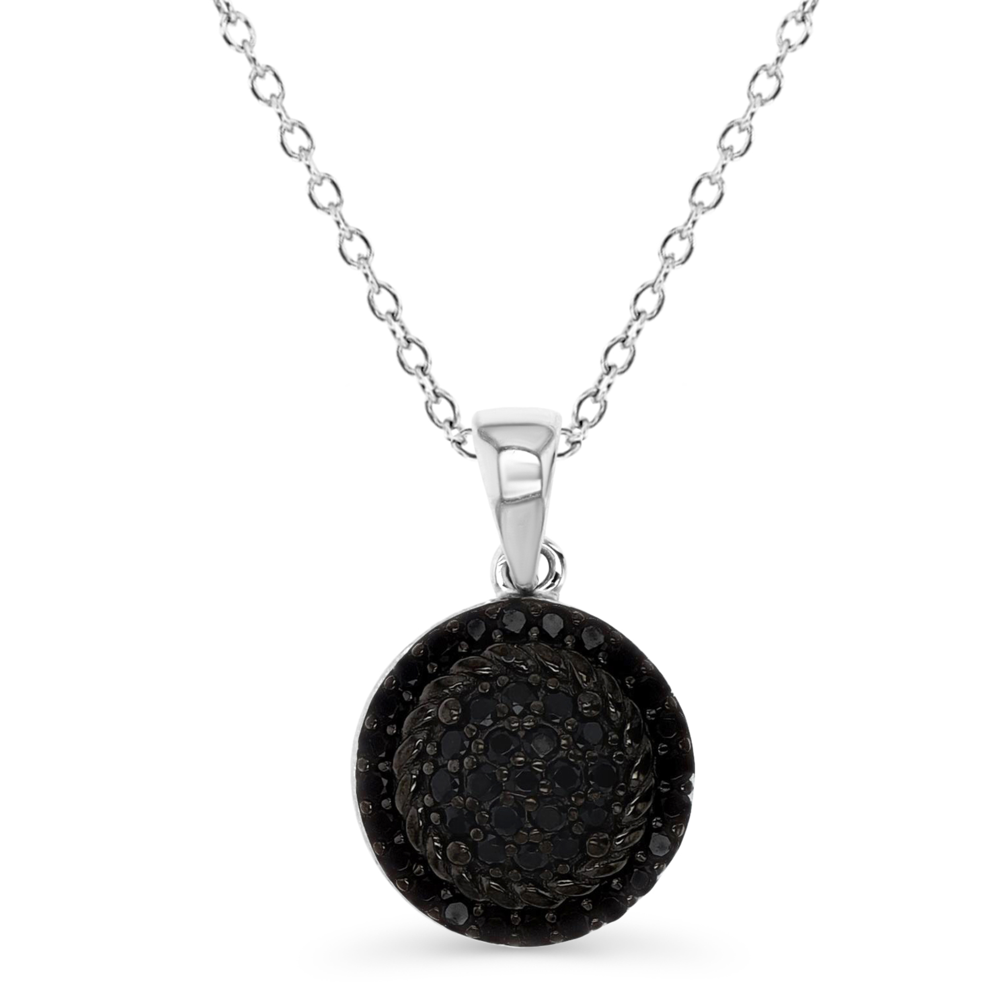 Sterling Silver Rhodium 19X12MM Polished Black Spinel Pave Circle Dangling 18'' Necklace