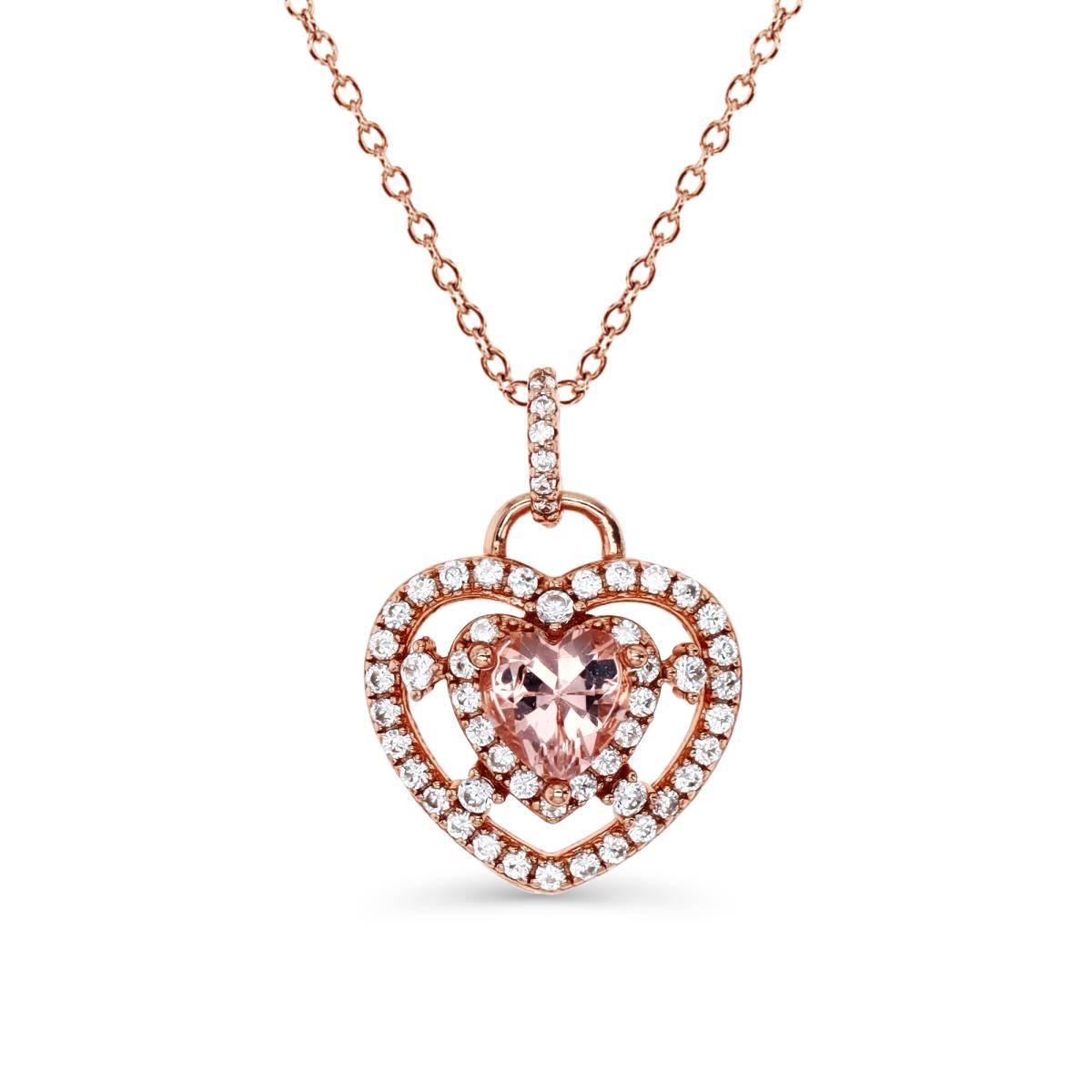 Sterling Silver Rose 1M 21X15MM Polished Morganite & White CZ Heart 18'' Necklace