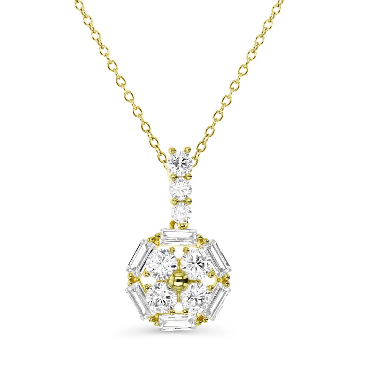 Sterling Silver Yellow 1M 22X12MM Polished White CZ Rnd & Str Baguette Flower 18'' Necklace